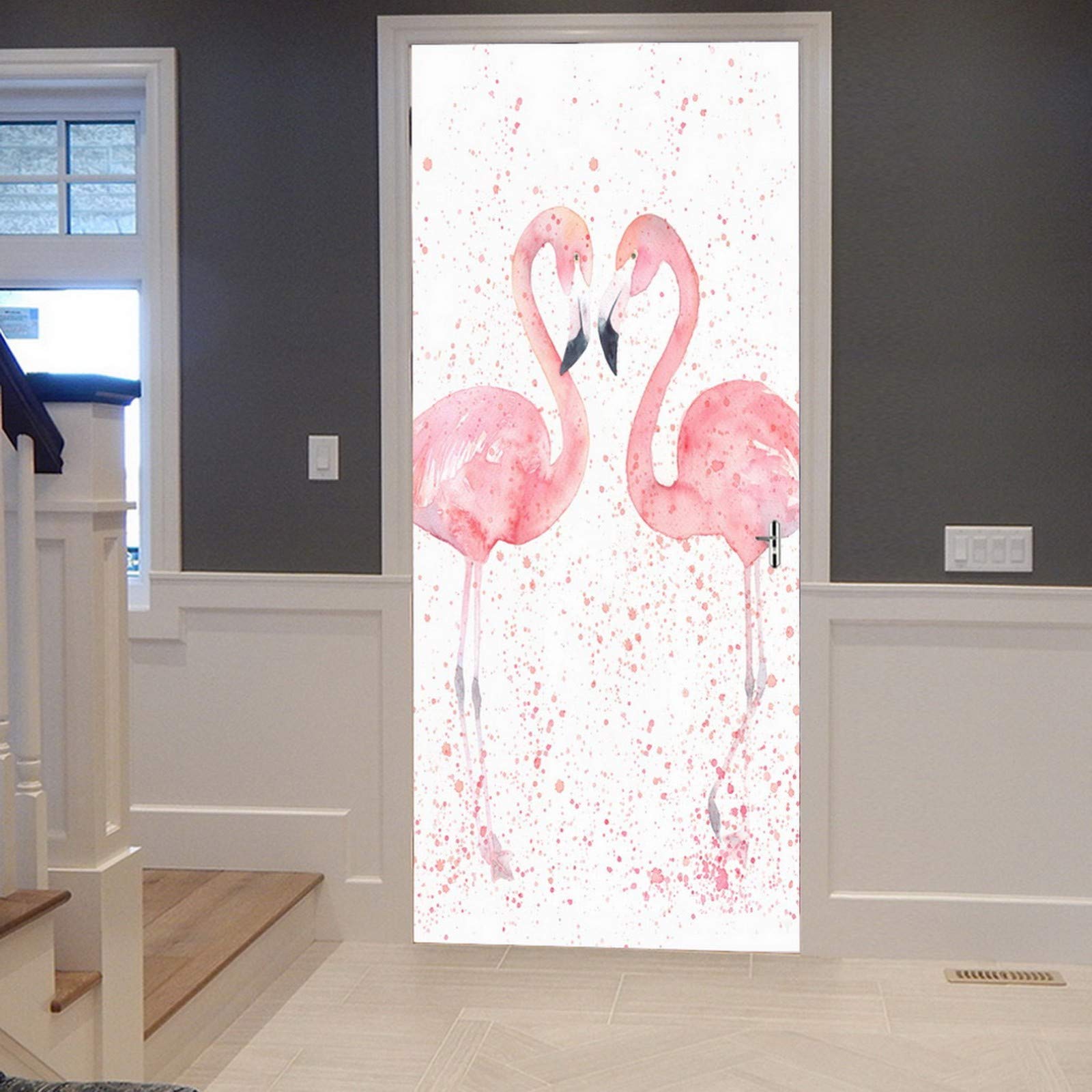 A.Monamour 3D Door Stickers for Interior Doors Whites Pink Flamingo Couple Kissing Love Heart Romantic Vinyl Waterproof Self Adhesive Door Mural Decals for Bedroom Office Bathroom 77 x 200 cm