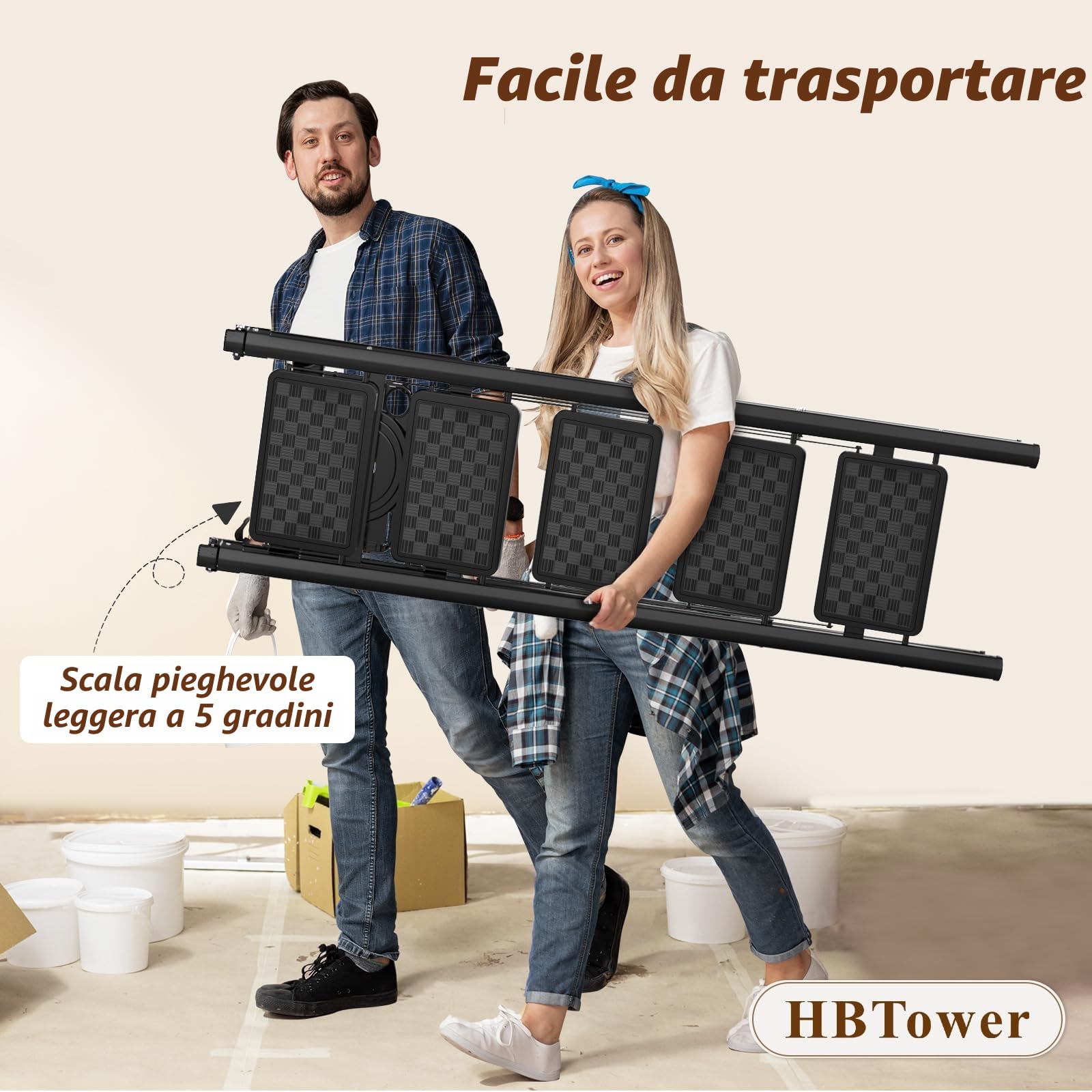 HBTower Scala 5 Gradini Pieghevole con Vassoio Porta-Attrezzi, Sgabello Compatto, Struttura in Acciaio Robusto, Portata 150 kg, Portatile per Casa e Cucina