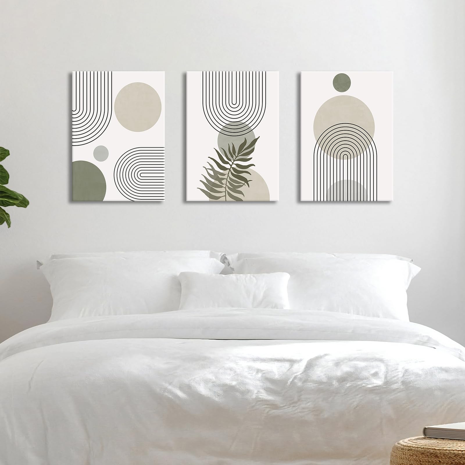 3 Pcs Wooden Framed Canvas Wall Art Set Bohemian Sage Green Canvas Prints Poster Geometric Line Beige Green Pictures for Living Room Bedroom Dinning Room Hallway Stairs Wall Decor 30x40cm x3pcs — view 433