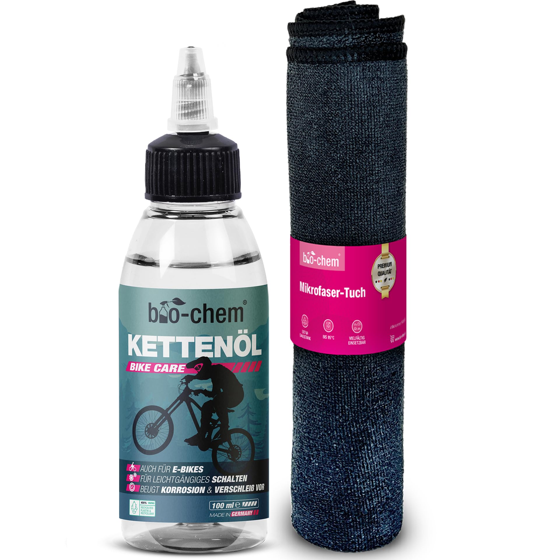 bio-chem Fahrrad Kettenöl 100ml Tropfflasche mit Tuch | Antriebsöl für Fahrradketten auch bei E-Bikes