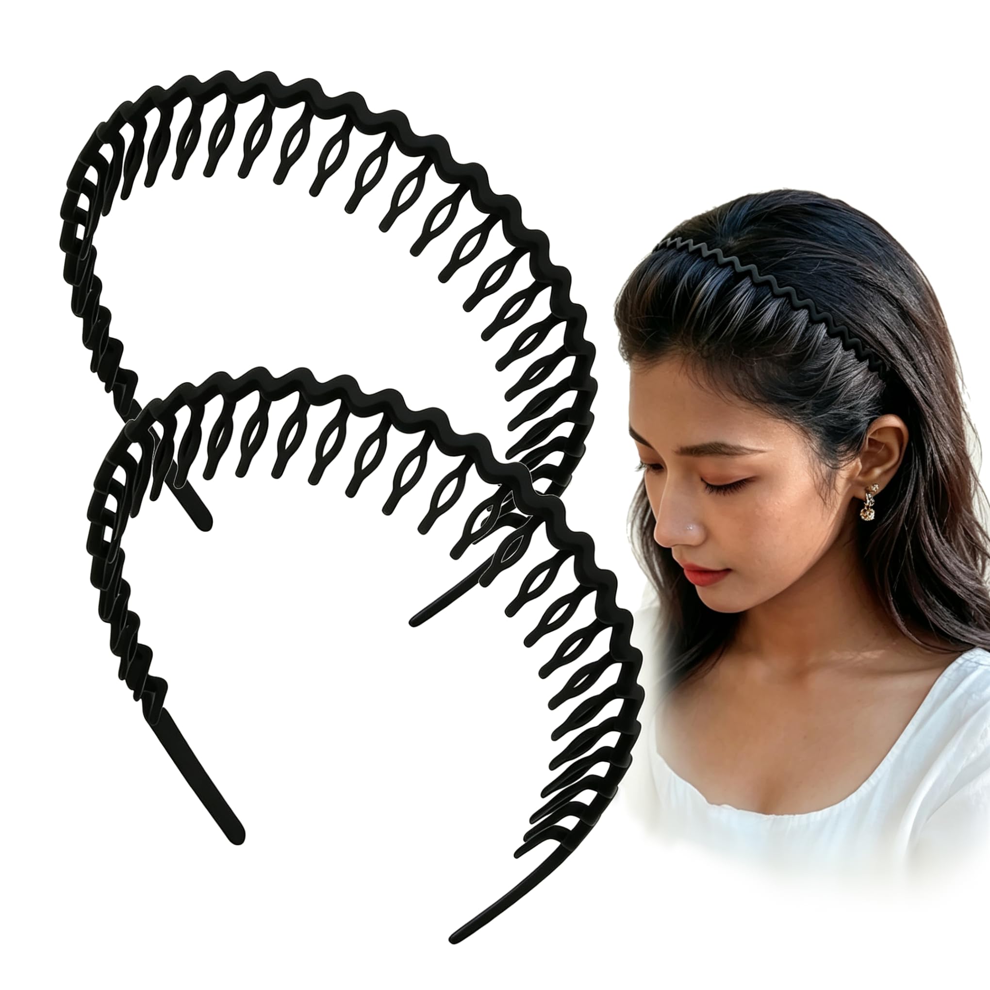 2 Pcs Non Slip Teeth Hair Band, Black Matte Wavy Toothed Hair Hoop for Women, Anti Slip Broken Hair Holder Headband for Daily Makeup, Washing Face & Sports-image-3