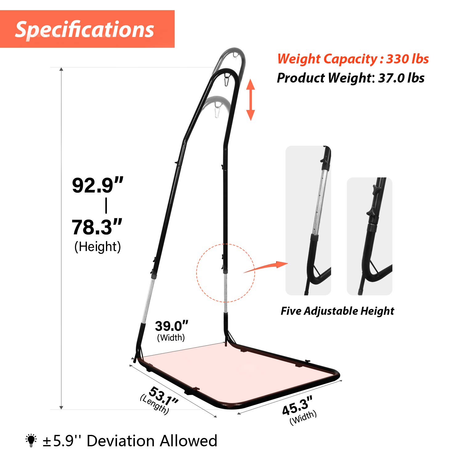 Solo supporto per sedia amaca, regolabile in altezza 200-230 cm, capacità 150 kg, supporto resistente per sedia amaca con struttura in acciaio solido con finitura verniciata a polvere, per interni ed