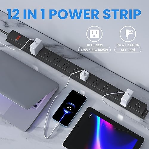Miniatura 2 de Regleta de alimentación larga de 12 salidas con disyuntor de 15 A, regleta negra resistente de montaje en pared con cable de extensión de 6 pies14