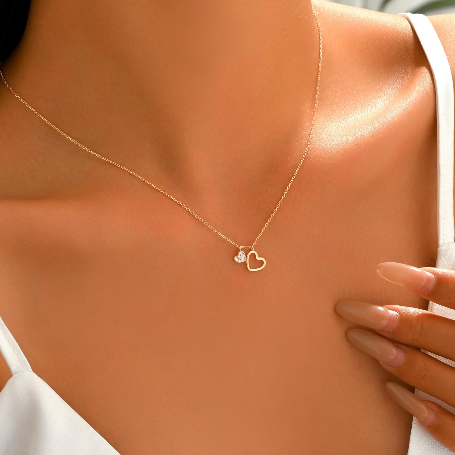 925 Sterling Silver Tiny Double Heart Shaped Choker Necklace for Women 14K Gold Plated CZ Dainty Love Heart Shaped Chain Necklace Jewelry to Daughter Mom Birthday Wedding Meaningful Valentines Day Gifts for Her - Image 4