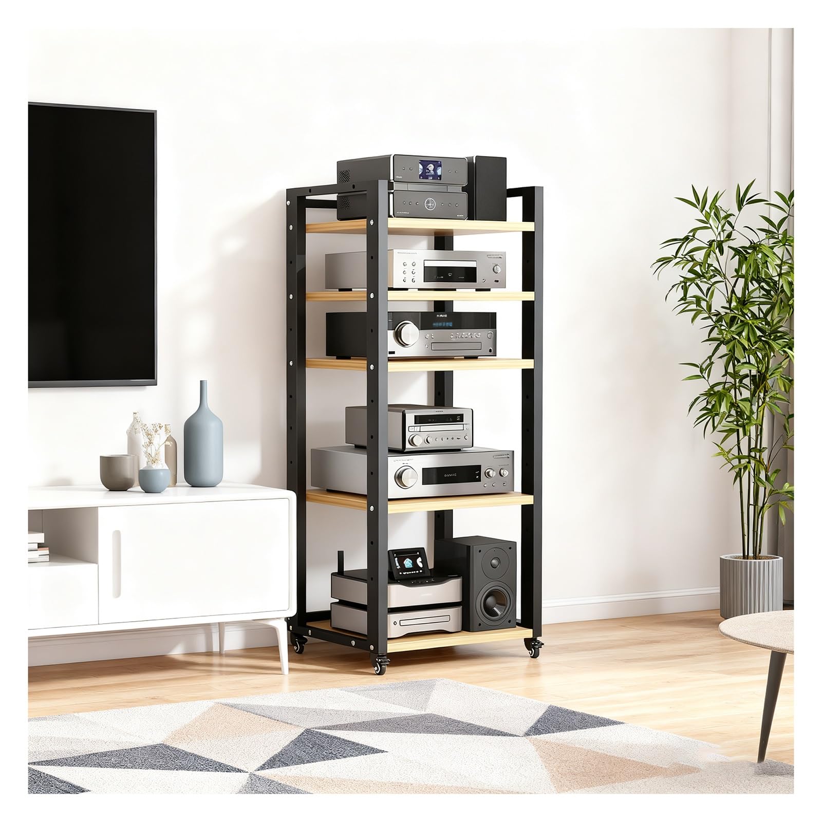 Adjustable HiFi Rack with Wheels - Media Stand for Audio-Video Turntable Table Perfect Shelving for Living Room Bedroom & Study - Modern Entertainment Center