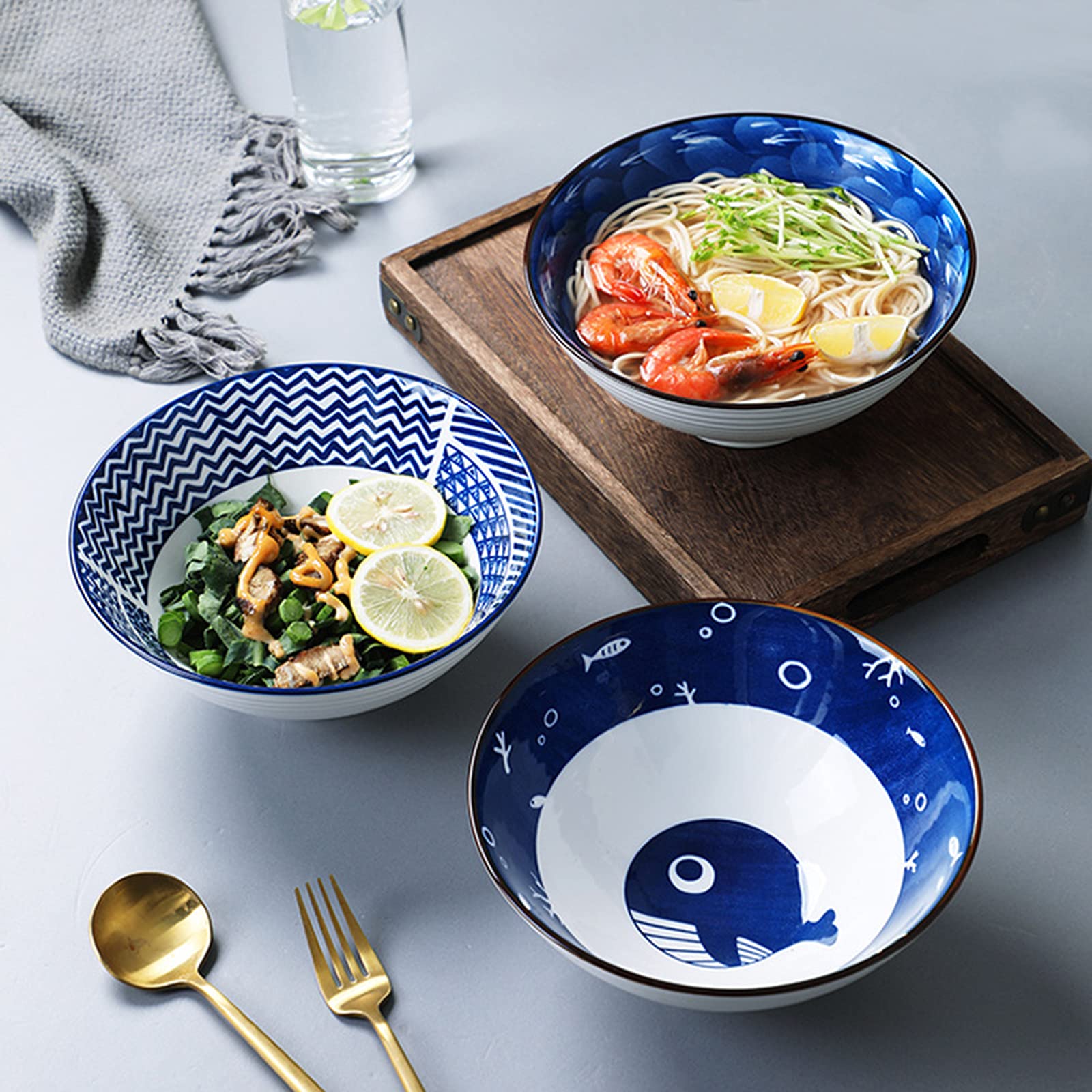 tazas de ramen, conjuntos de tazas de pasta, Cuencos de cerámica for fideos ramen, (2 piezas) Cuencos de ramen apilables Vajilla vintage for sopa, cereales, arroz, udon, fideos asiáticos, I, 1200 ML (
