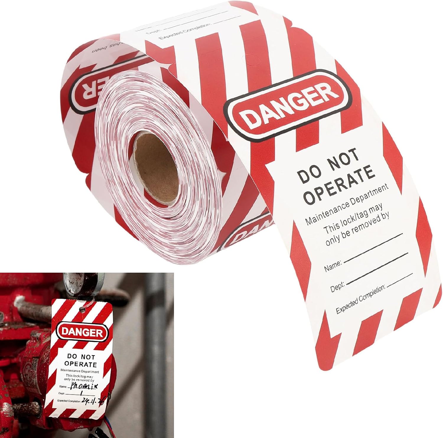 Lockout Tagout Tags, Red Caution Barricade, Danger Do Not Operate Tag, Resists Tears, Safety Tags, Signs, and Labels 200 Pack On A Roll, 5.79" x 2.95"