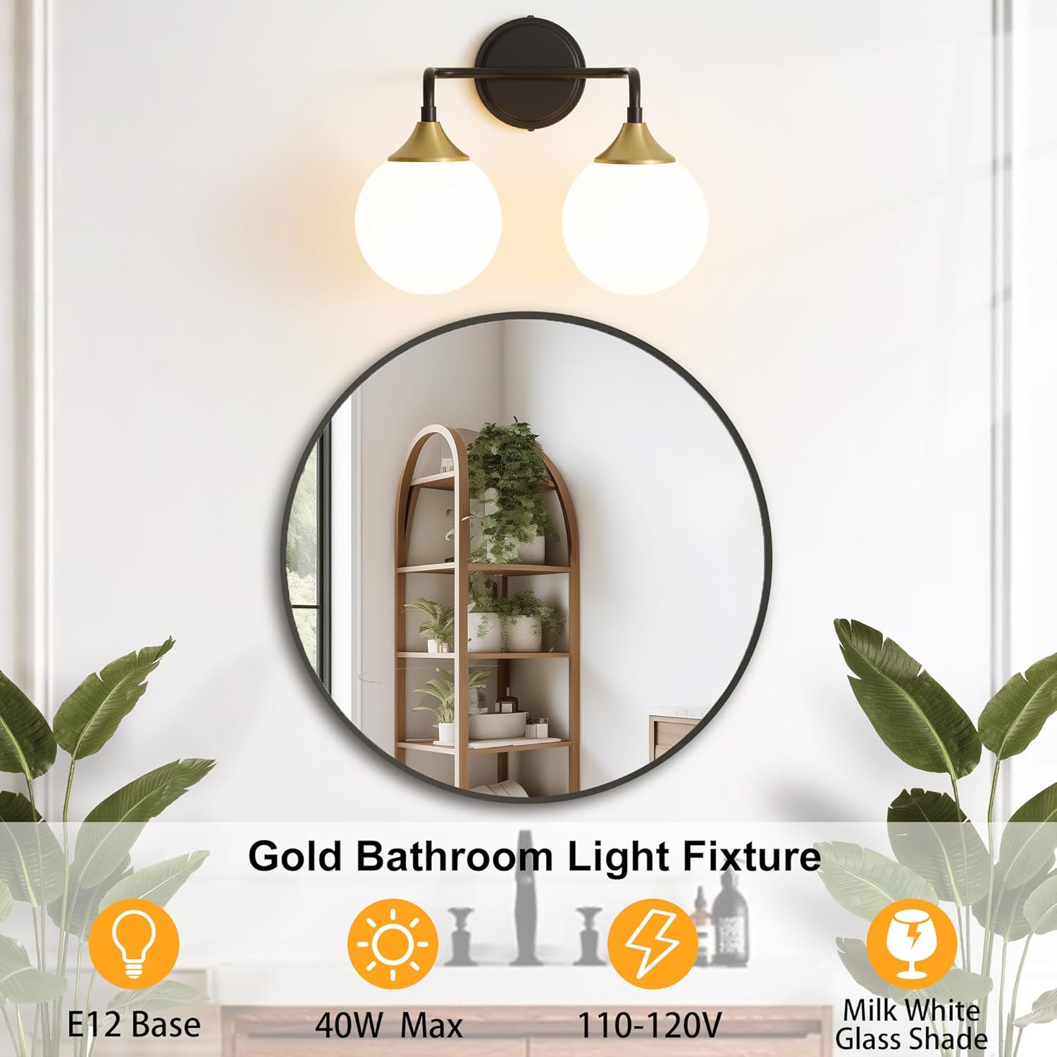 Black Gold Bathroom Light Fixtures, Modern Vanity Lighting Over Mirror, Mid Century Modern Matte Black Wall Sconce 2-Light with Milky White Glass Ball Shades