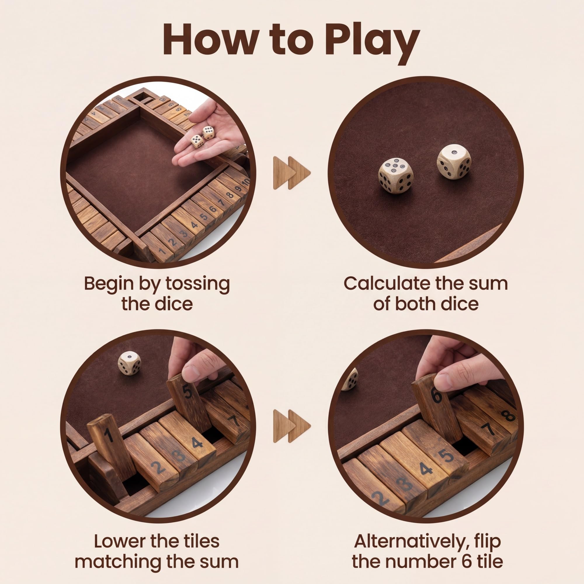 GOPLUS Juego de Datos Shut The Box, Juego de Mesa de Madera de Pino con 2 Dados para 2-4 Jugadores, Cierra la Caja, Juego Matemático de Mesa Familiares y Viaje, para Niños y Adultos (Marrón)