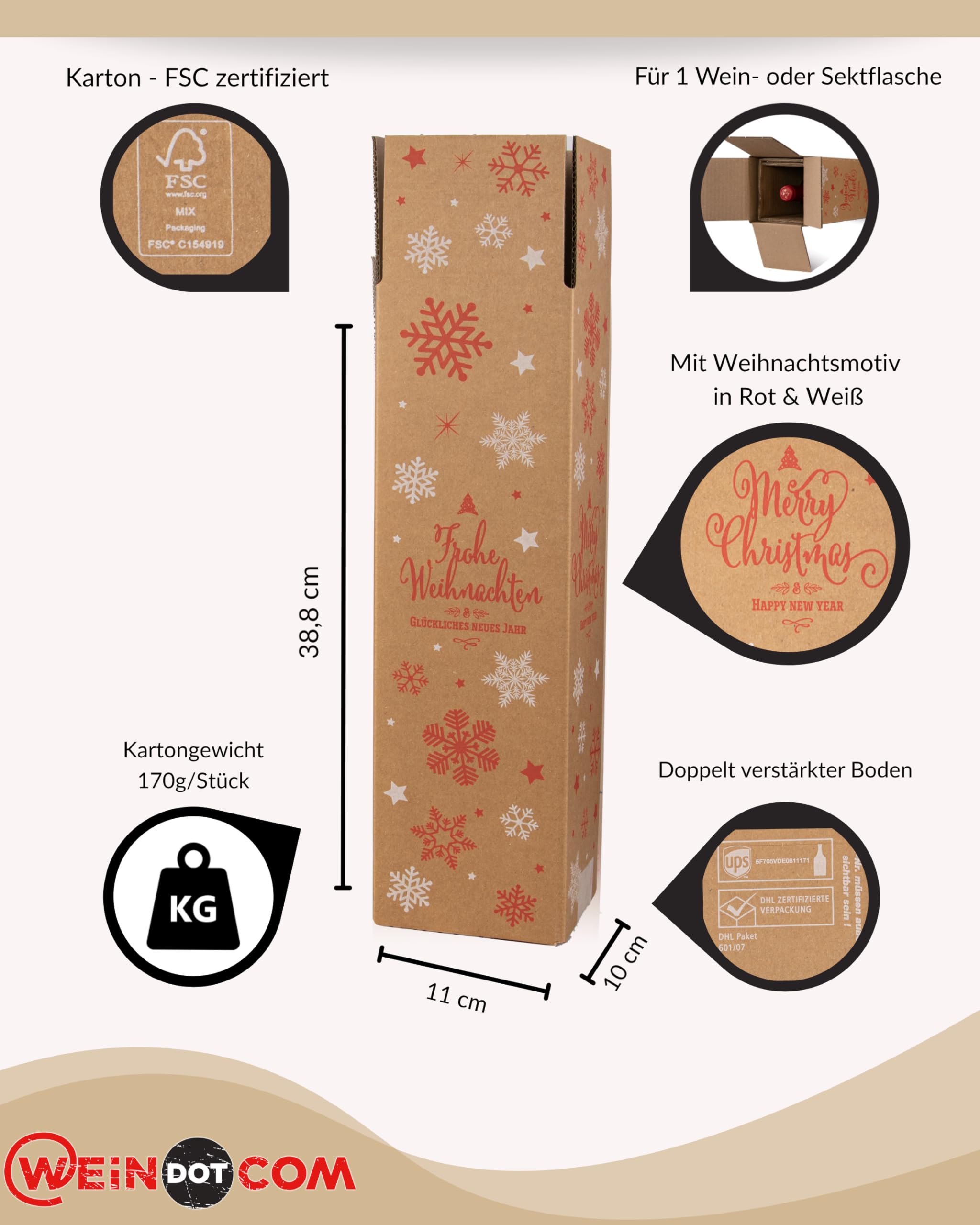 10x Wein Versandkarton Weihnachtsmotiv für 1 Flasche incl. Einlage, DHL/UPS zertifiziert (Natur, Weiß, Rot, 10x 1er)