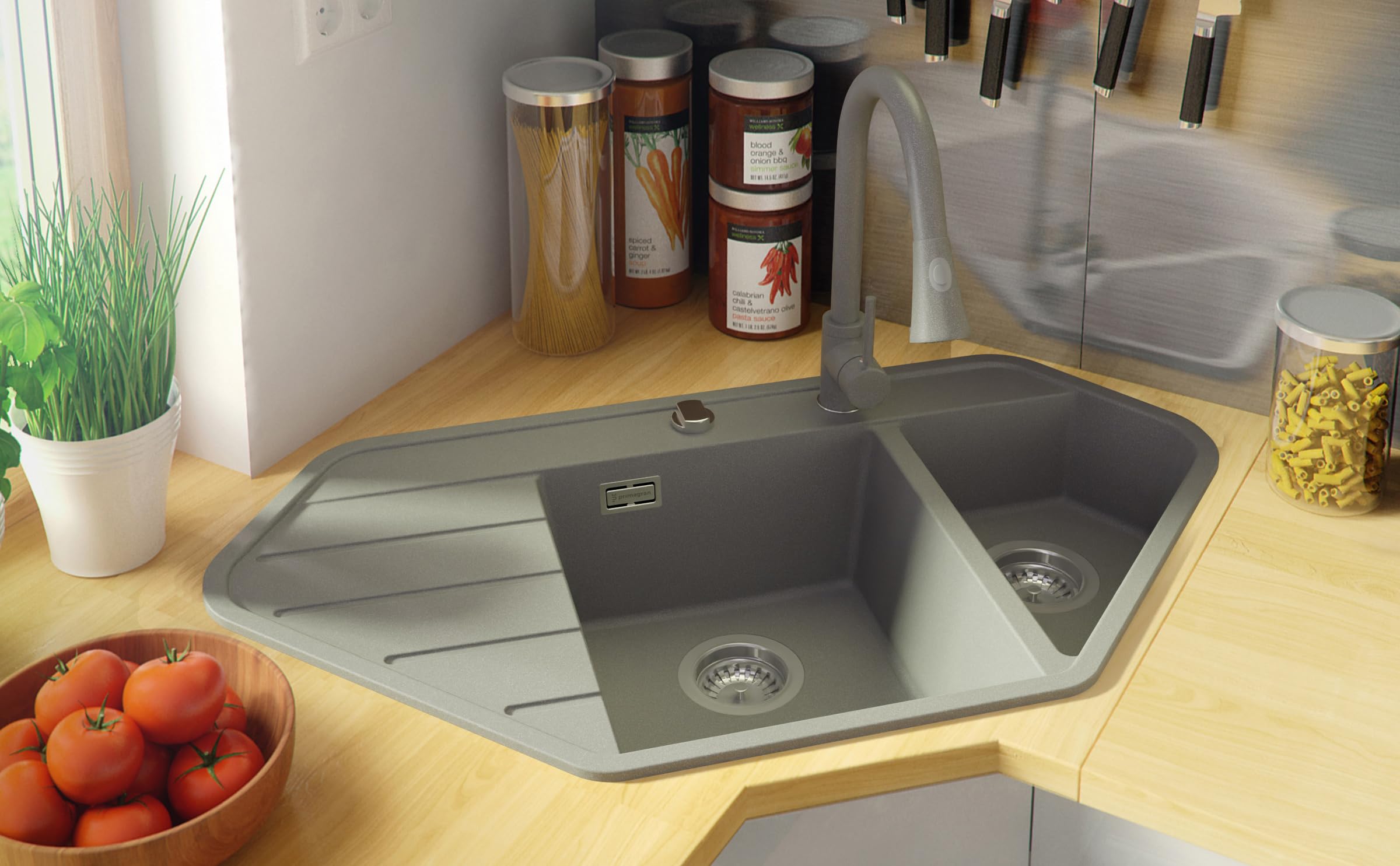 PRIMAGRAN Evier Cuisine en Granit Gris 90x50cm, Lavabo 1,5 bacs + Kit de Vidage, Évier à Encastrer au Meuble 70cm - Copenhague S005