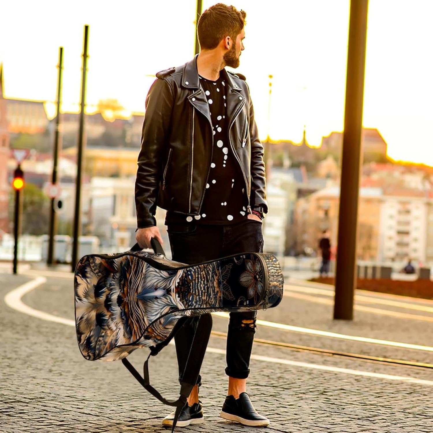 Acoustic Guitar Bag 0.4 Inch Thick Padding Waterproof Guitar Case Gig Bag for 40 41 42 Inch Electric Bass Classical Guitar, Aesthetic Owl Art Pattern