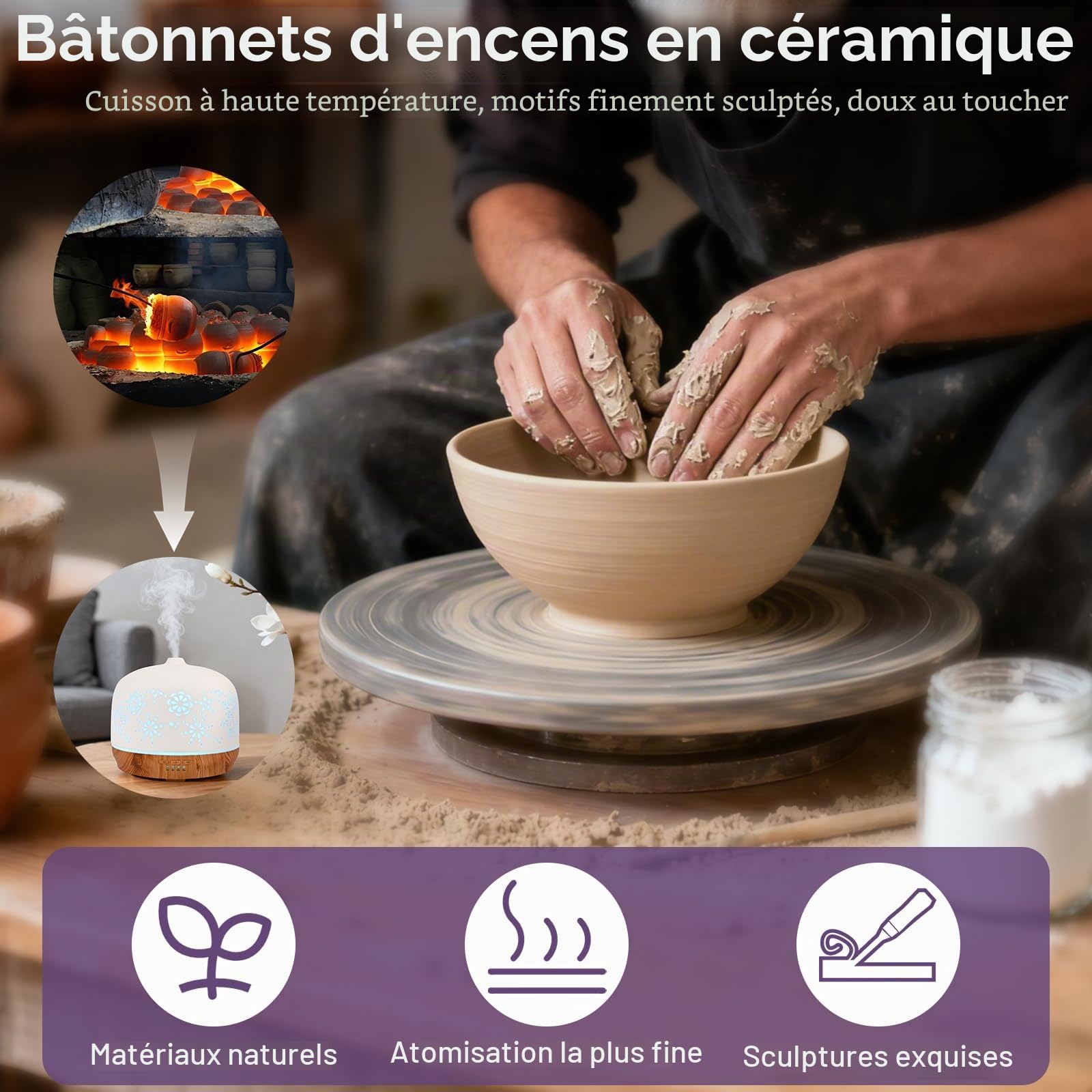 GuKKK 500ML Diffuseur d'huiles Essentielles en Céramique Blanche, Ultrasonique Humidificateur Diffuseur Aromathérapie Electrique, Arôme Parfum Electrique avec 7 Couleurs Lumières,pour Chambre/Yoga