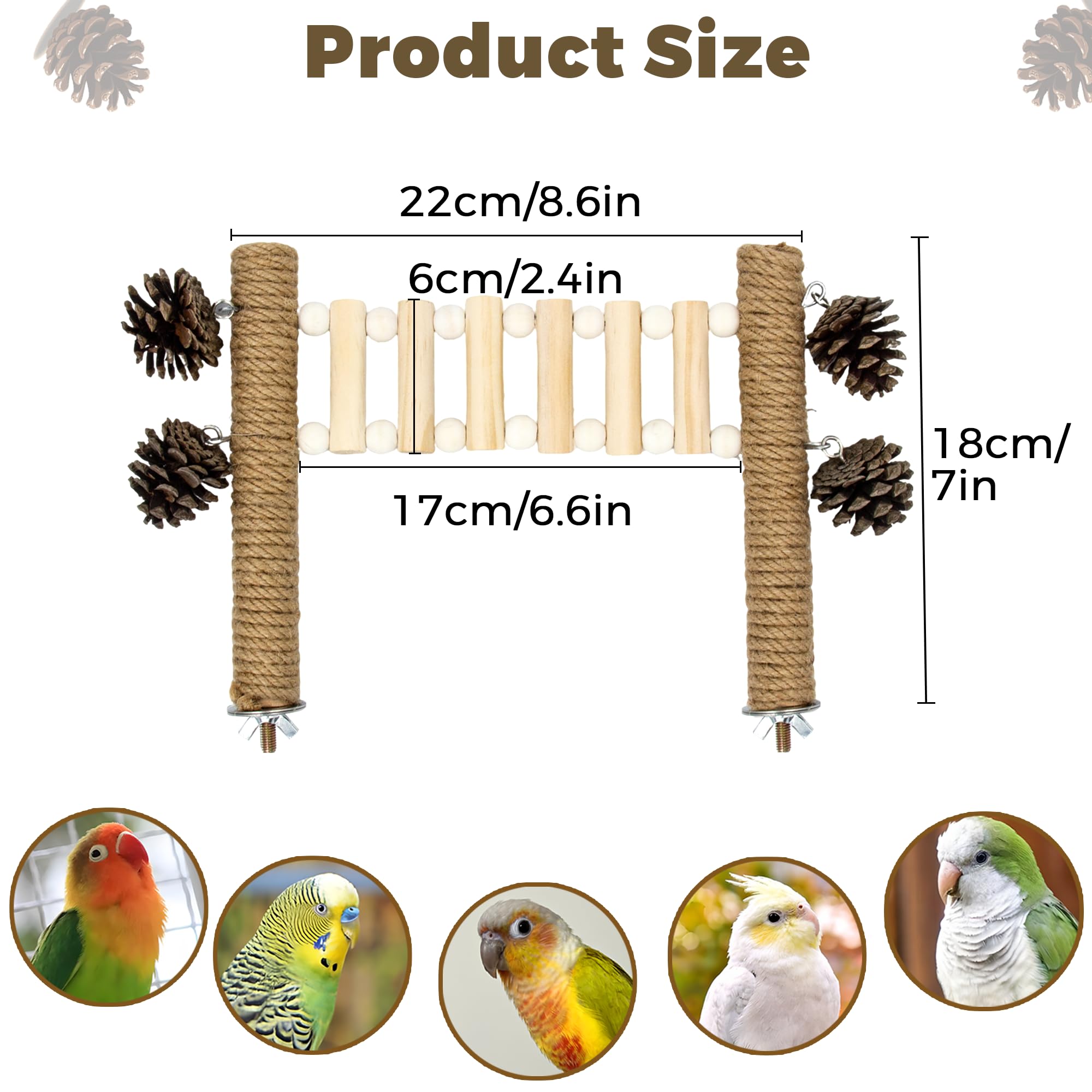 Jevnd Heavy-Duty Wood Bird Ladder Platform, Edible Bird Perches for Cage with Pinecones Chew Toys, Natural Hanging Parrot Perch Bridge, Climbing Play Stand for Parakeet Conure Cockatiel Budgie Quaker - image 4