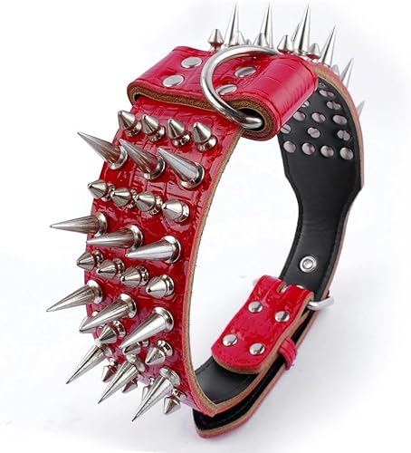 Miniatura 2 de PET ARTIST Collares de perro de cuero genuino de lujo de 2 pulgadas de ancho con tachuelas para perros medianos y grandes, rojo, XL, cuello para
