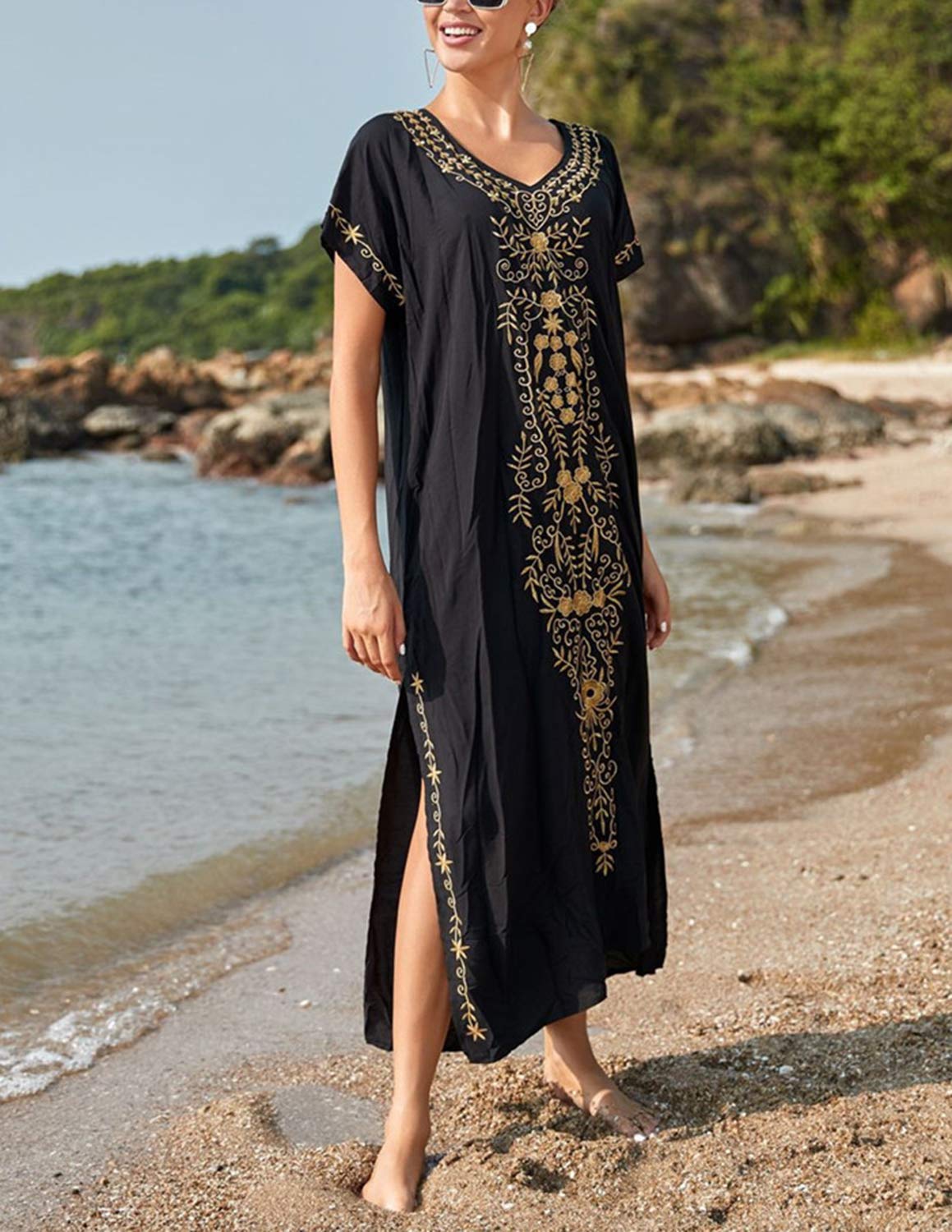 Donna Corta Manica Cover Up Caftano Floreale Ricamato Laterale Diviso Vestito da Spiaggia Abiti