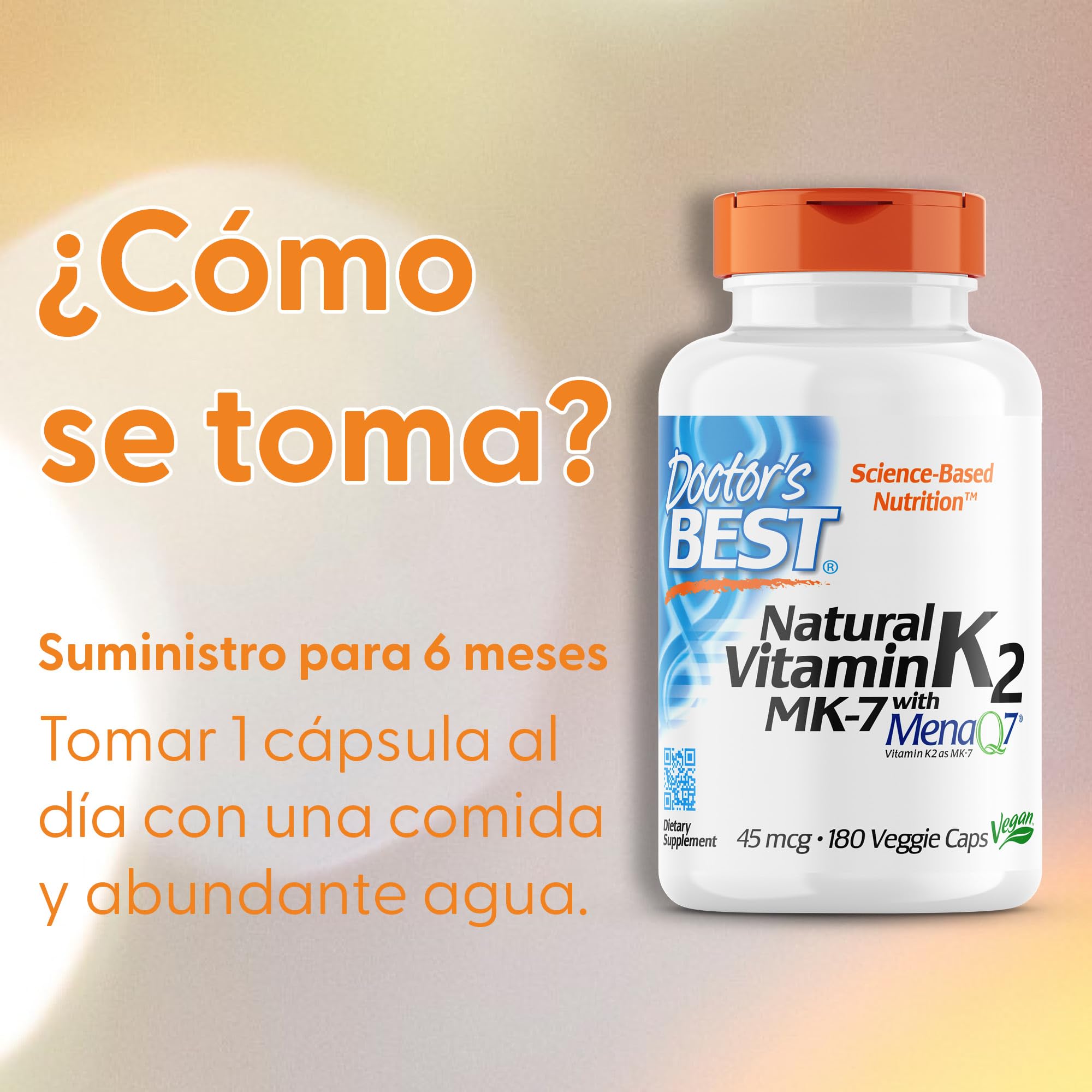 Doctor's Best, Natural Vitamin K2, MK-7 con MenaQ-7, 45mcg, 180 Cápsulas veganas, Probado en Laboratorio, Sin Gluten, Sin Soja, Vegetariano