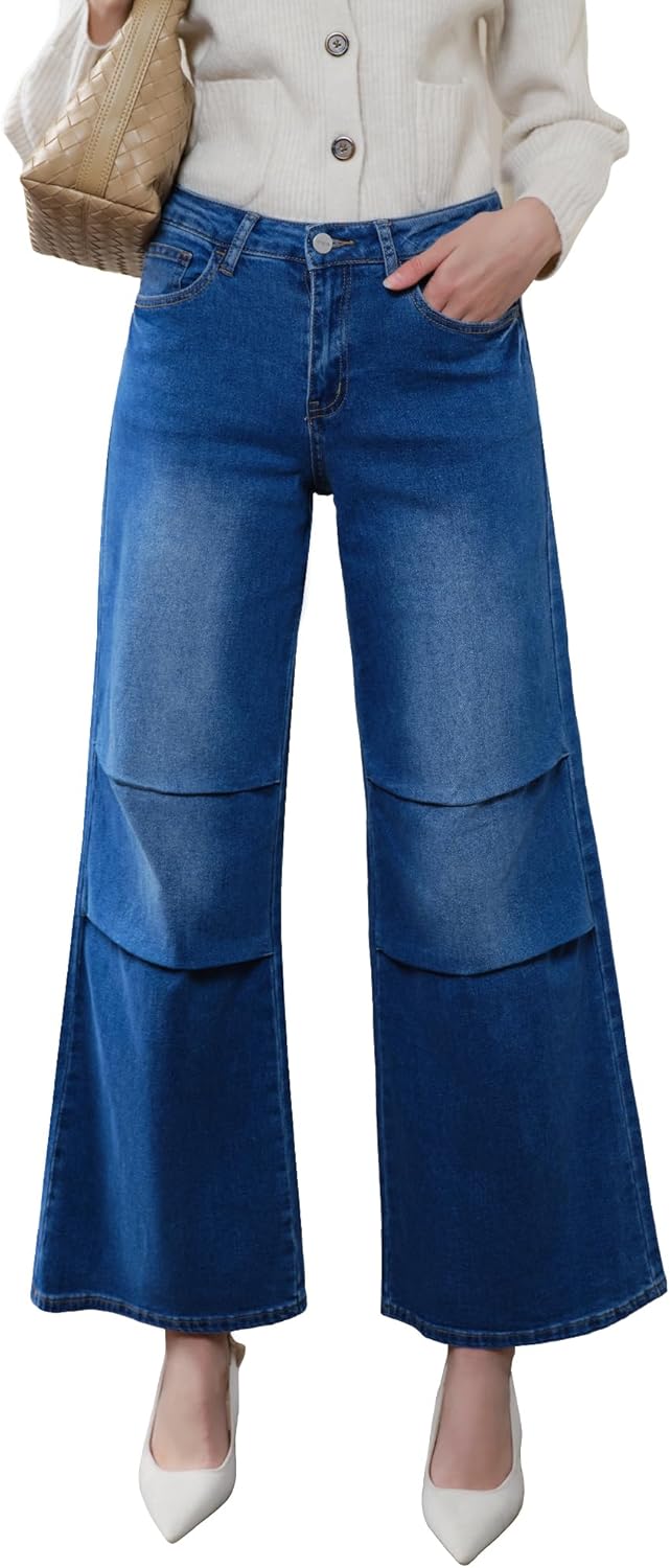 ONESO Womens Wide Leg Jeans Mid Waist Trendy Baggy Pleated Leg Jeans for Women Stretchy Denim Jean - Image 4