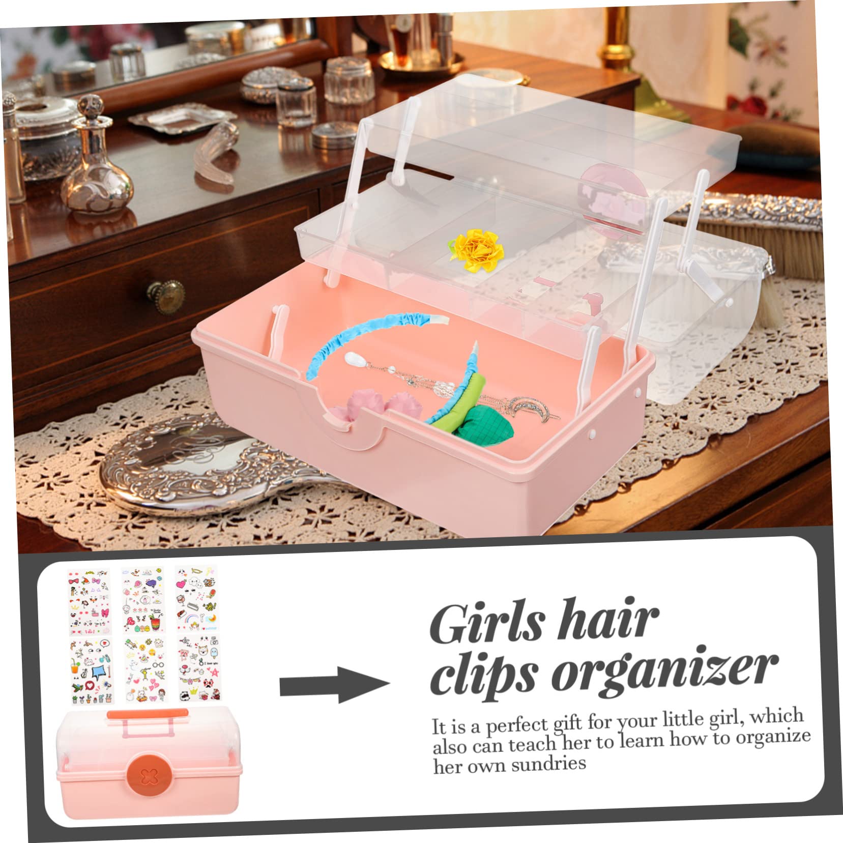 VANZACK Multifunktionaler Aufbewahrungsbehälter für Haarspangen und Haargummis Großer Rosa Kunststoff Organizer mit Mehrlagigem Design für Mädchen und Kinder