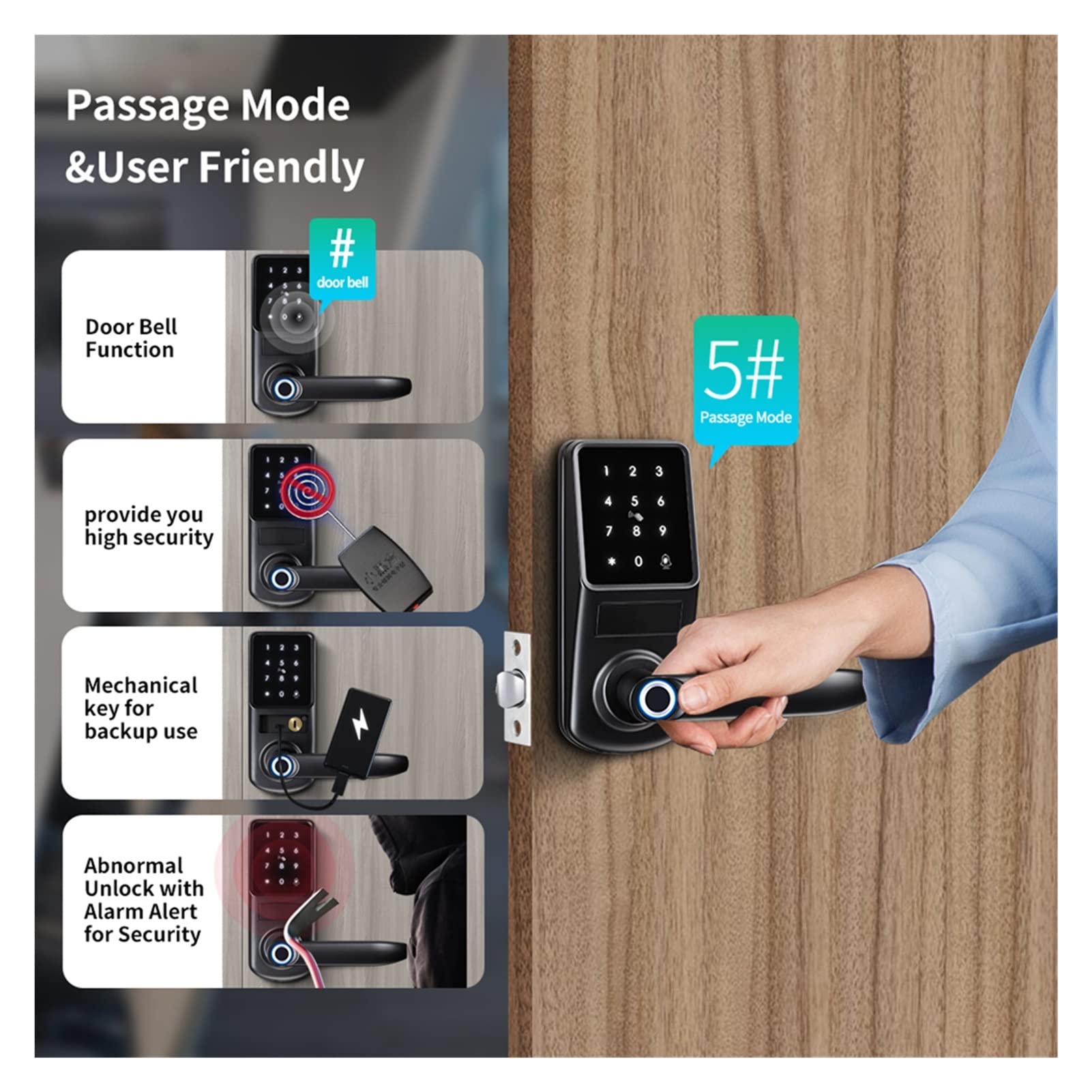 Inteligentny blokada drzwi odcisków palców Deadbolt App Zdalne sterowanie Otwórz drzwi za pomocą klucza i karty IC Smart Home(Nero)