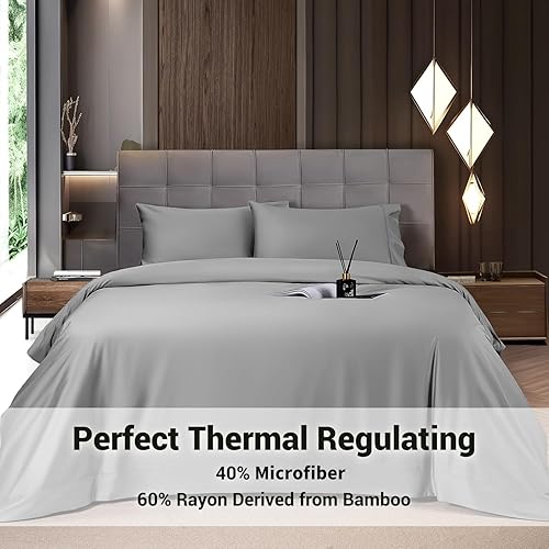 Miniatura 2 de Shilucheng - Juego de sábanas de 4 piezas, sábanas refrescantes, transpirables y suaves de mezcla de rayón derivado de bambú y con bolsillo profundo