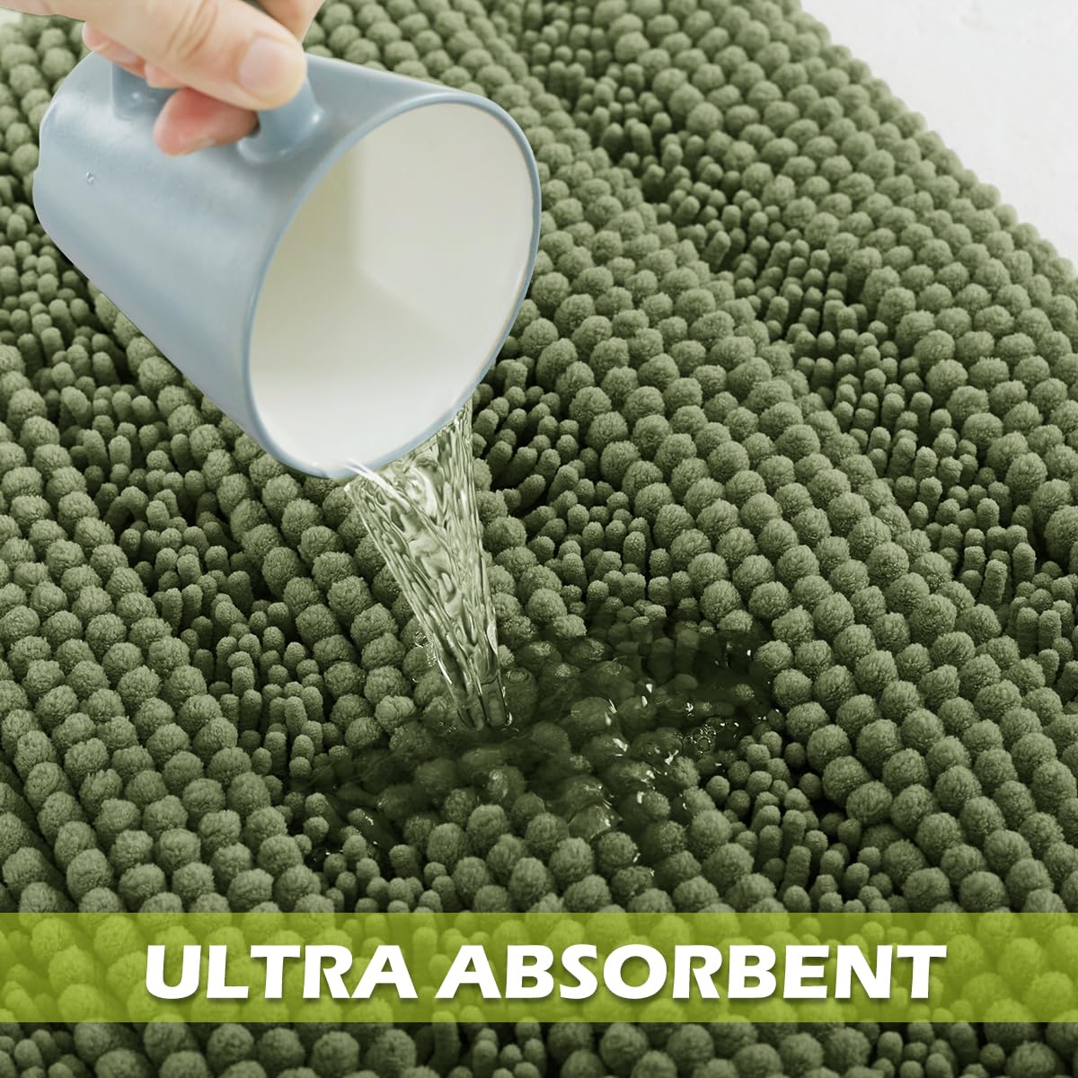 KGORGE Tapis de bain doux et antidérapant pour salle de bain - Confortable à poils longs - En chenille épaisse - Absorbant l'eau - Séchage rapide - Vert sauge - 152,4 x 61 cm