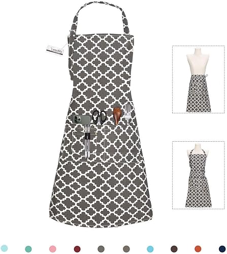 LessMo Delantales de cocina con 3 bolsillos para hombres y mujeres, delantal de chef ajustable de algodón de grado profesional para cocina, barbacoa