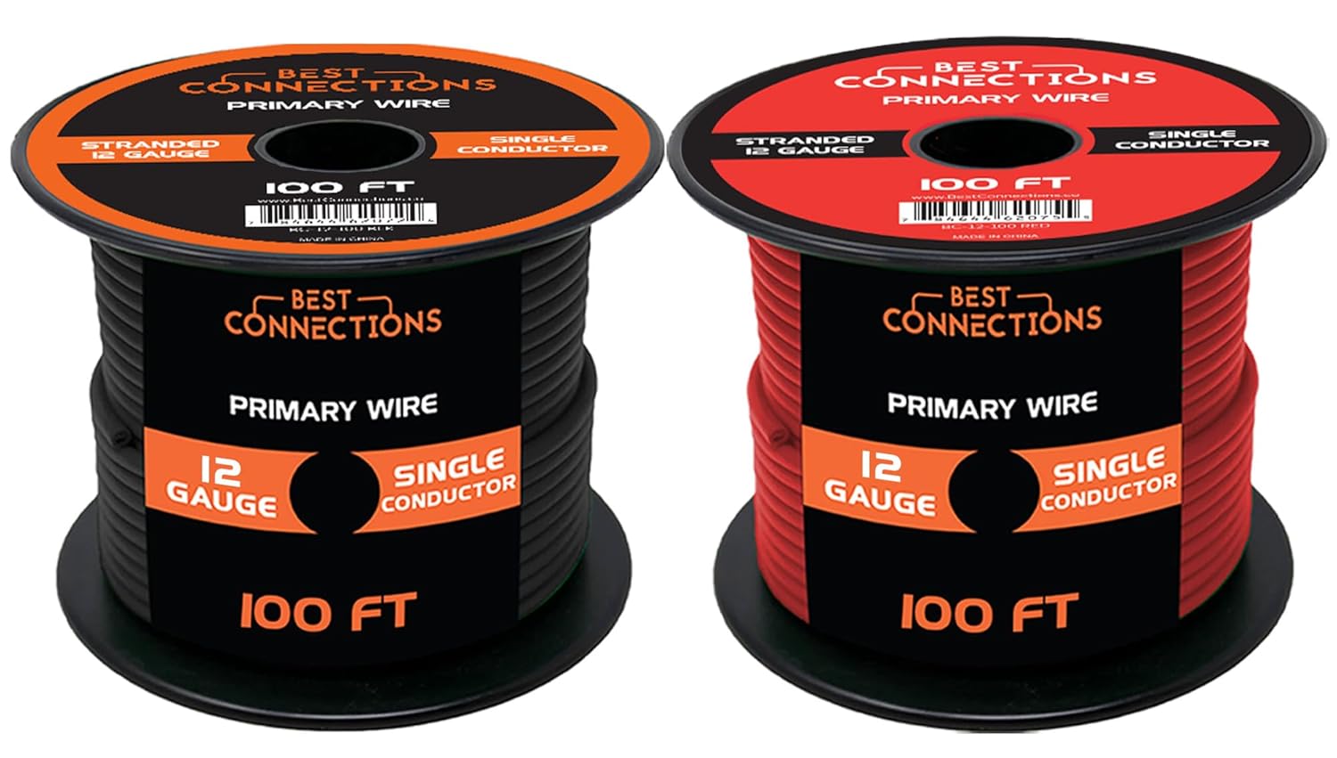 best connections 12 gauge automotive primary wire bundle (100ft each, red & black) | ideal for car audio, automotive, and trailer | durable primary/remote, power/ground electrical wiring 12 gauge 2 rolls (100ft)