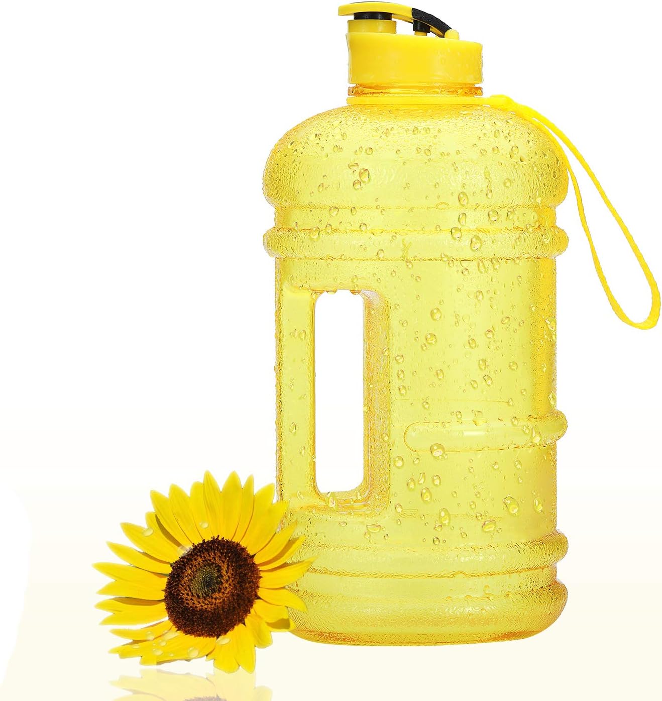 Vaupan Half Gallon Big Water Bottle, 2.2L/73OZ Large Leak Proof Sports Jug with Handle, Huge BPA Free PETG Plastic Wide Mouth Drinking Container Flask for Fitness Gym Biking Outdoor Travel, Yellow
