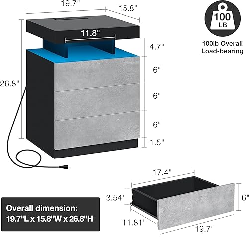 Miniatura 11 de HOMMPA Mesita de noche LED con estación de carga inalámbrica y puertos USB, soporte de noche de 3 cajones con luz LED RGB de brillo ajustable,