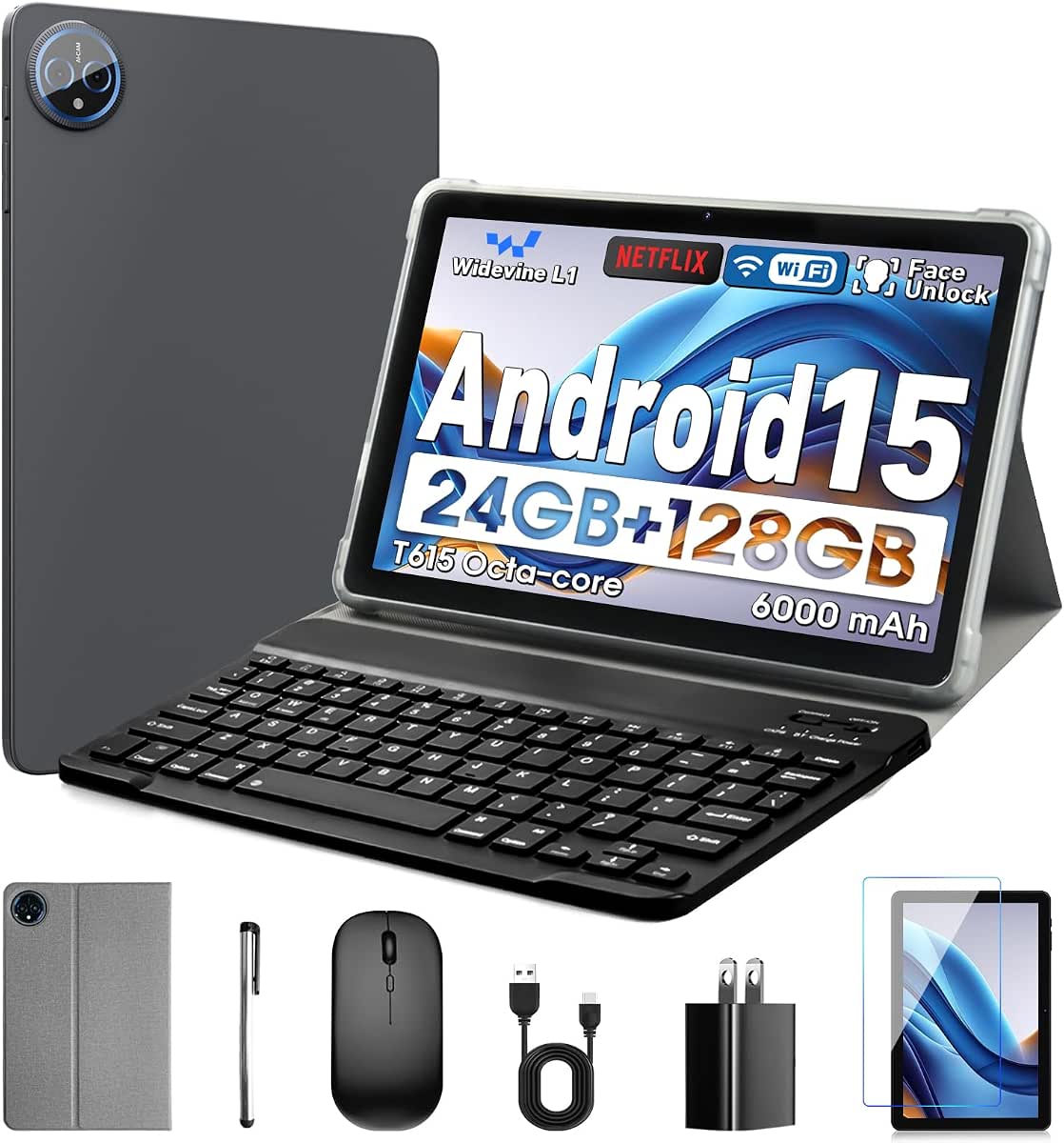 Aobante 10 Inch Tablet, Android 15 with 24GB RAM + 128GB ROM (1TB Expandable), Octa-Core, 1280x800 IPS HD Touchscreen, 5MP+8MP Dual Camera, 6000mAh, Tablet with Keyboard, Mouse, Widevine L1(Gray)