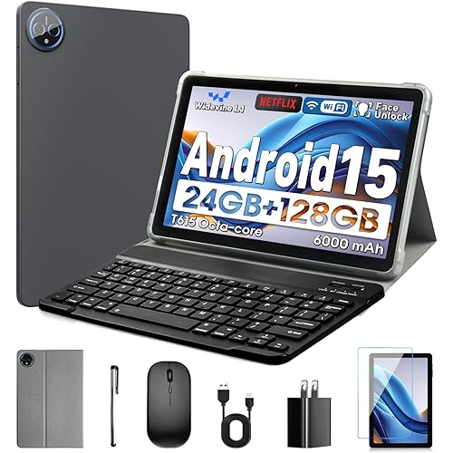 10 Inch Tablet, Android 15 with 24GB RAM + 128GB ROM (1TB Expandable), Octa-Core, 1280x800 IPS HD Touchscreen, 5MP+8MP Dual Camera, 6000mAh, Tablet with Keyboard, Mouse, Widevine L1(Gray)