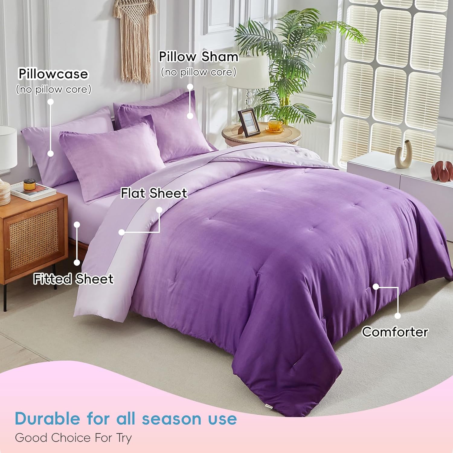 7 Pieces Gradient Purple and Lilac Bed in a Bag Queen Size, Elegant Ombre Reversible Comforter Set for All Season (Comforter, Flat Sheet, Fitted Sheet, 2 Pillowcases & 2 Pillow Shams)