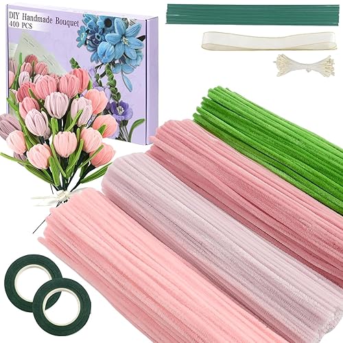 400 Pcs Pipe Cleaners Craft,4 Assorted Colors Pipe Cleaners Bulk, Chenille Stems for DIY Flower Making Kit with Floral Wires, Gardening Tape,Stamen& Ribbon (Pink)