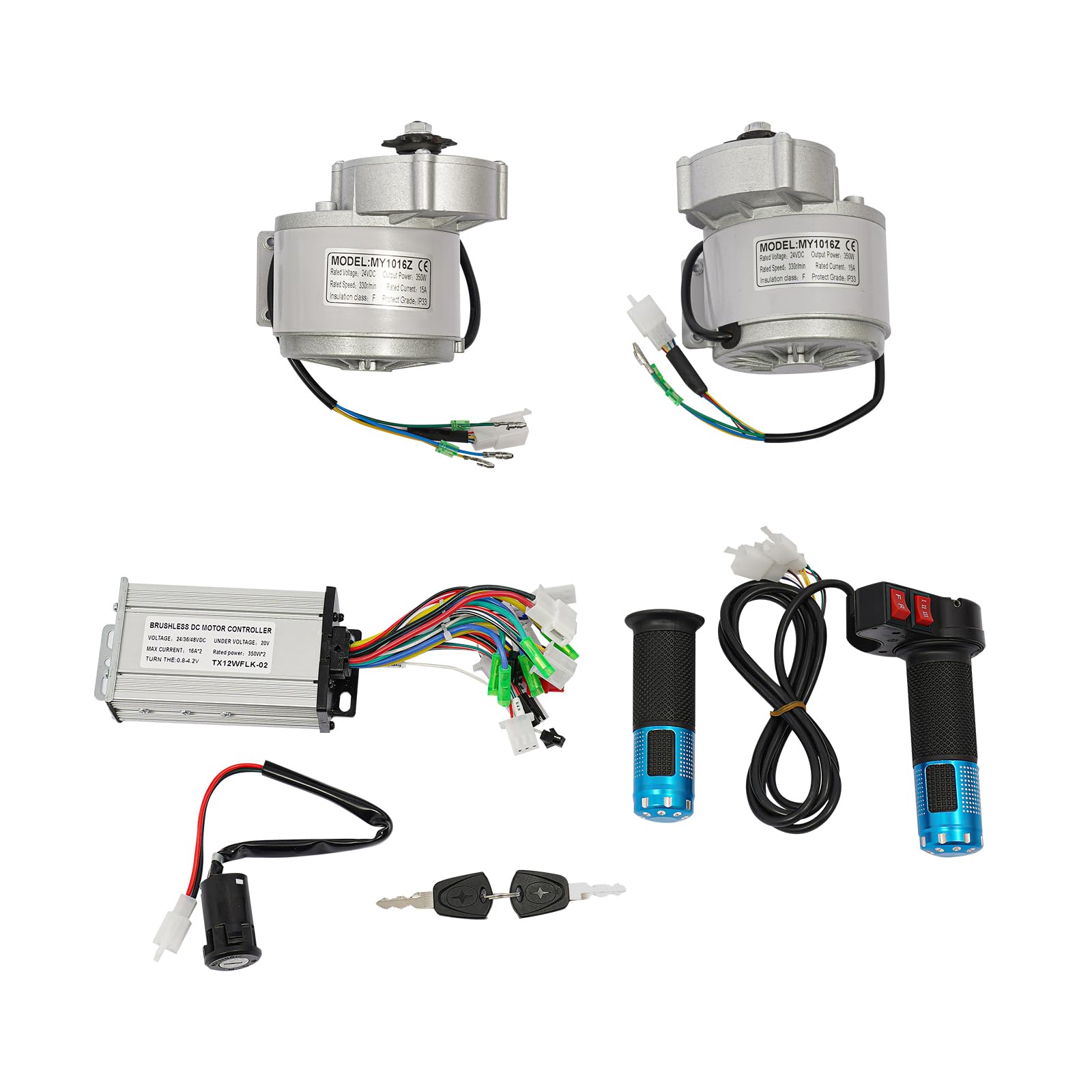 Motoriduttore brushless da 350 W, 24 V CC, 2 pezzi, motore elettrico da 330 giri/min, con regolatore di velocità e manopola del gas di retromarcia a tre marce, set di motore 15 A, per tosaerba