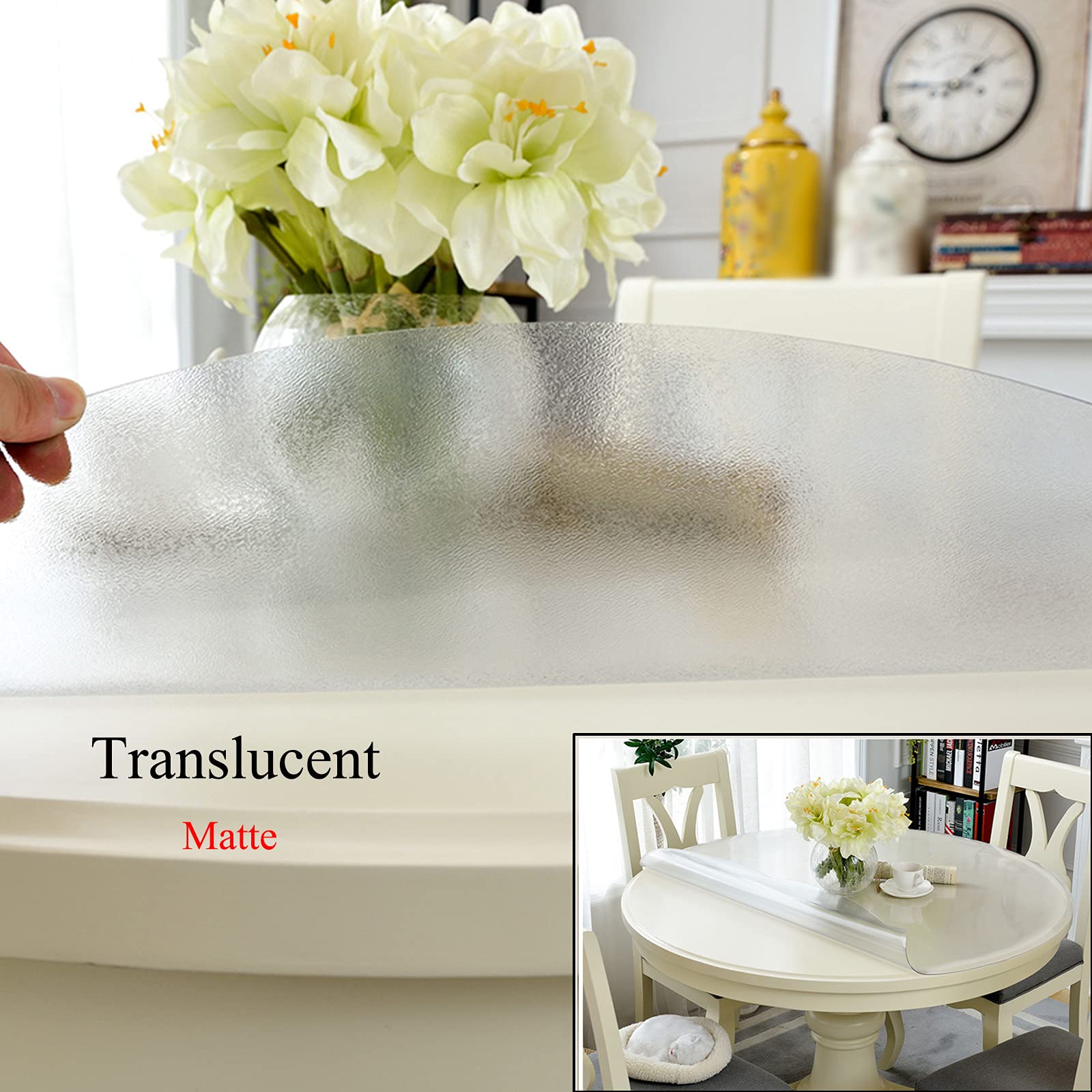 Tovaglia Trasparente Rotonda,per Tavolo da Pranzo di Legno,Tovaglie in 1,5 mm,Pellicola di PVC Opaca,Pellicola Protettiva per Tavolo,Antiscottatura,Non Deformato (Diameter 118cm/46.5inch)