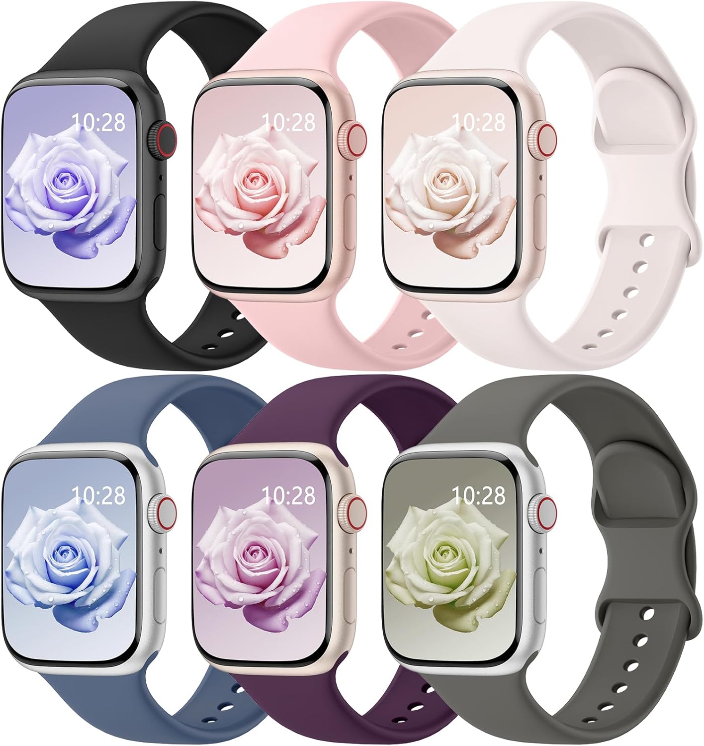 Patenting 6 Pack Sport Bands Compatible with Apple Watch Bands for Women Men 38mm/40mm/41mm/42mm(Series 10), Soft Silicone Waterproof Strap for iWatch Apple Watch Series 10 9 Ultra 8 7 6 5 4 3 2 1 SE (38mm/40mm/41mm/42mm(Series 10) Black/ Pink Sand/ Light Blush/ Denim/ Plum/ Stone Gray) Thumbnail