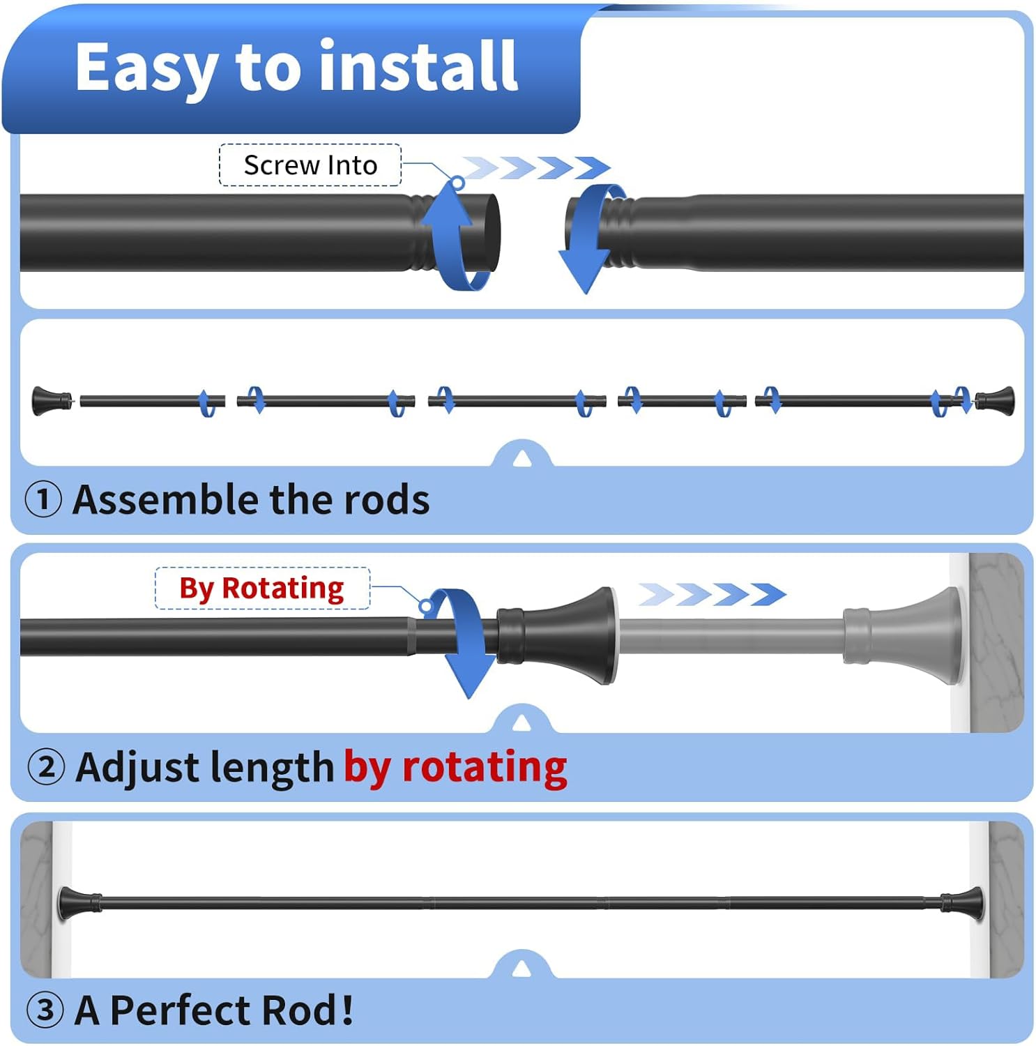YNL Matte Black Shower Curtain Rod 36-84 Inch(3-7ft), No Slip No Drill Stainless Steel Spring Tension Curtain Rod, No Rust Shower Rod Adjustable For Bathroom Window Bedroom