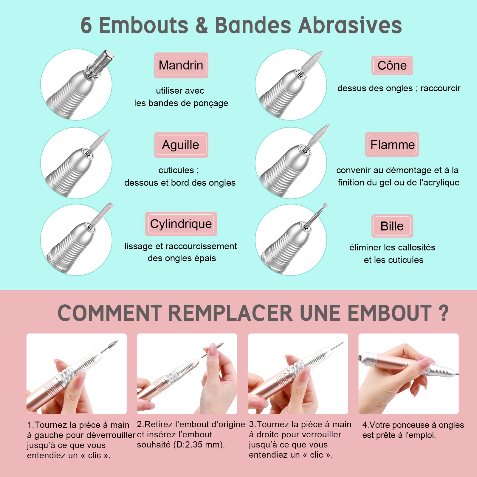 Delanie Ponceuse pour Ongles Professionnel Electrique 35000RPM pour Manucure/Pédicure avec 6 Embouts pour Retirer Vernis et Gel(Ros)