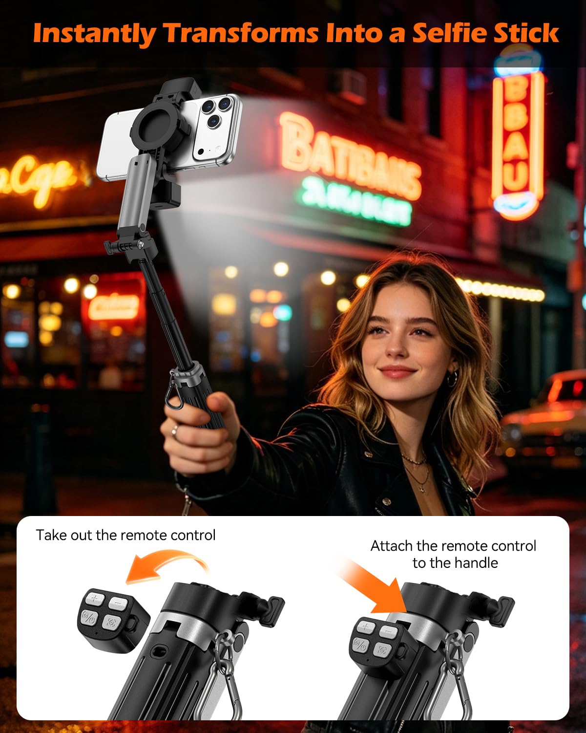 CloudValley Treppiede Selfie Stick Magnetico Mini con 2 Luci | Treppiede Telefono 4 in 1 Tasca, Rotazione 360°, Telecomando Bluetooth con Zoom Rimovibile, per iPhone Android Vlog Video
