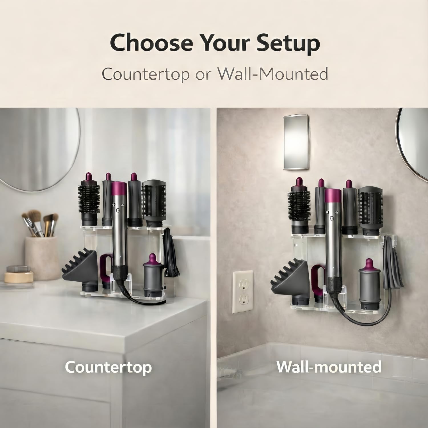 Dyson Airwrap Holder, Dyson Airwrap Organizer with 8 Slots, Clear Acrylic Stand for Shark Hair Dryer Holder, Wall-Mounted or Freestanding with Silicone Pads Bathroom Vanity Table