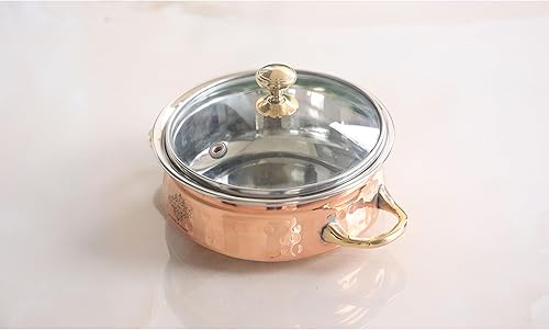 Miniatura 5 de IndianArtVilla - Cuenco de acero y cobre con mango de latón y tapa de vidrio, sirve platos indios, 10 onzas