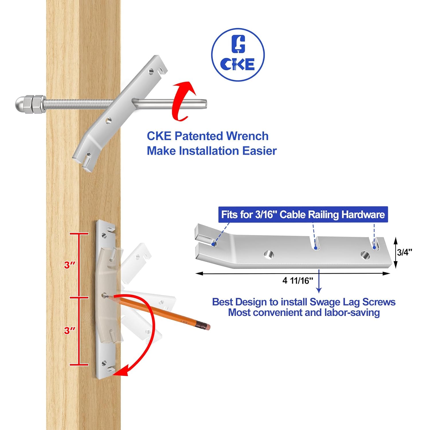 CKE 20 Pack Cable Railing Kit, Hand Swage Threaded Stud Tensioner End Fitting Terminal for 3/16" Cable for 2x2 Wood/Metal Post, T316 Stainless Steel Cable Railing Hardware Tensioner CR06