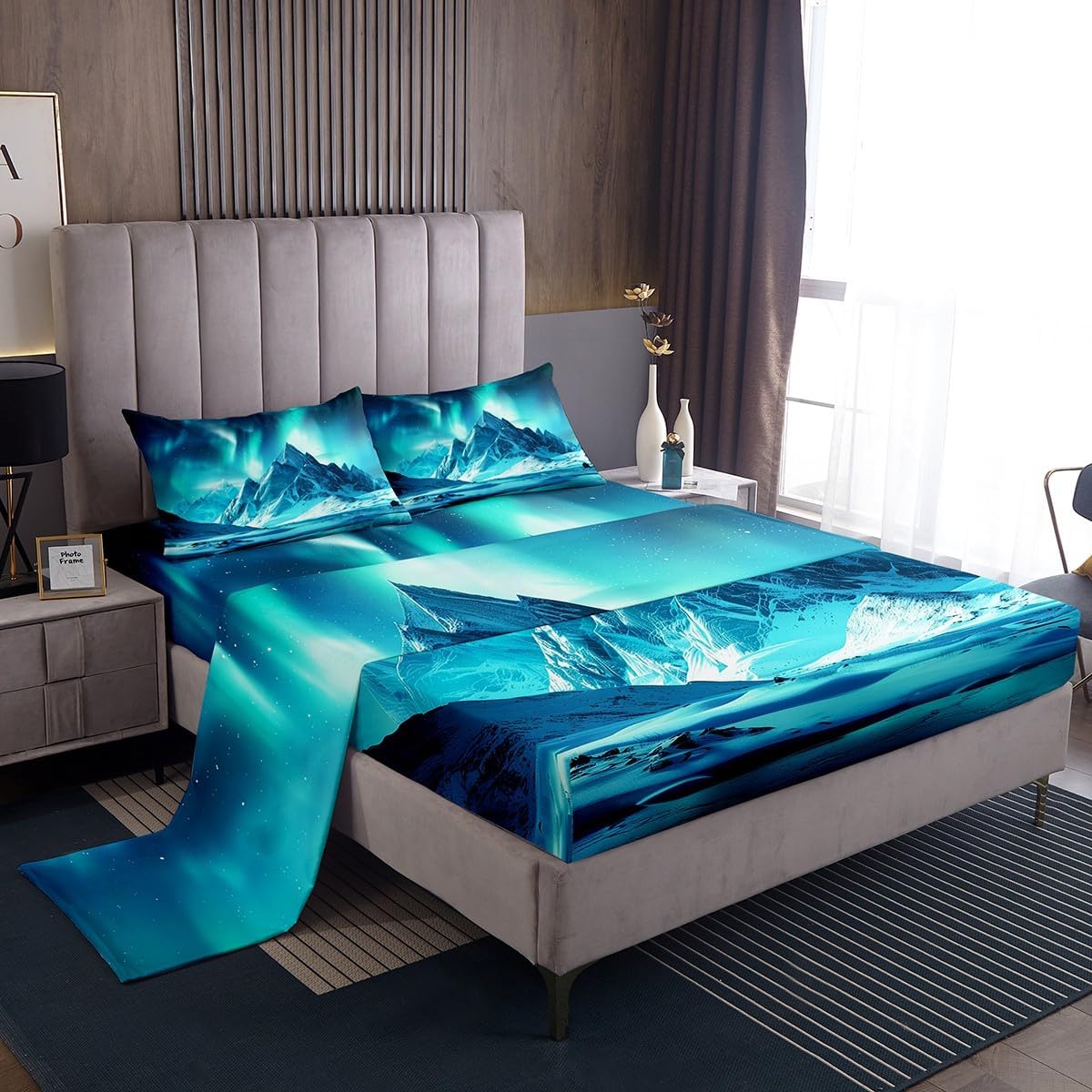 Northern Lights Kids Sheet Queen Size,North Pole Lights Snow Mountain Natural Bedding Set,Girls Boys Women Room Decor,Starry Sky Polar Lights Blue Bed Sheet Set 4pcs(Fitted + Flat + 2 Pillowcases)