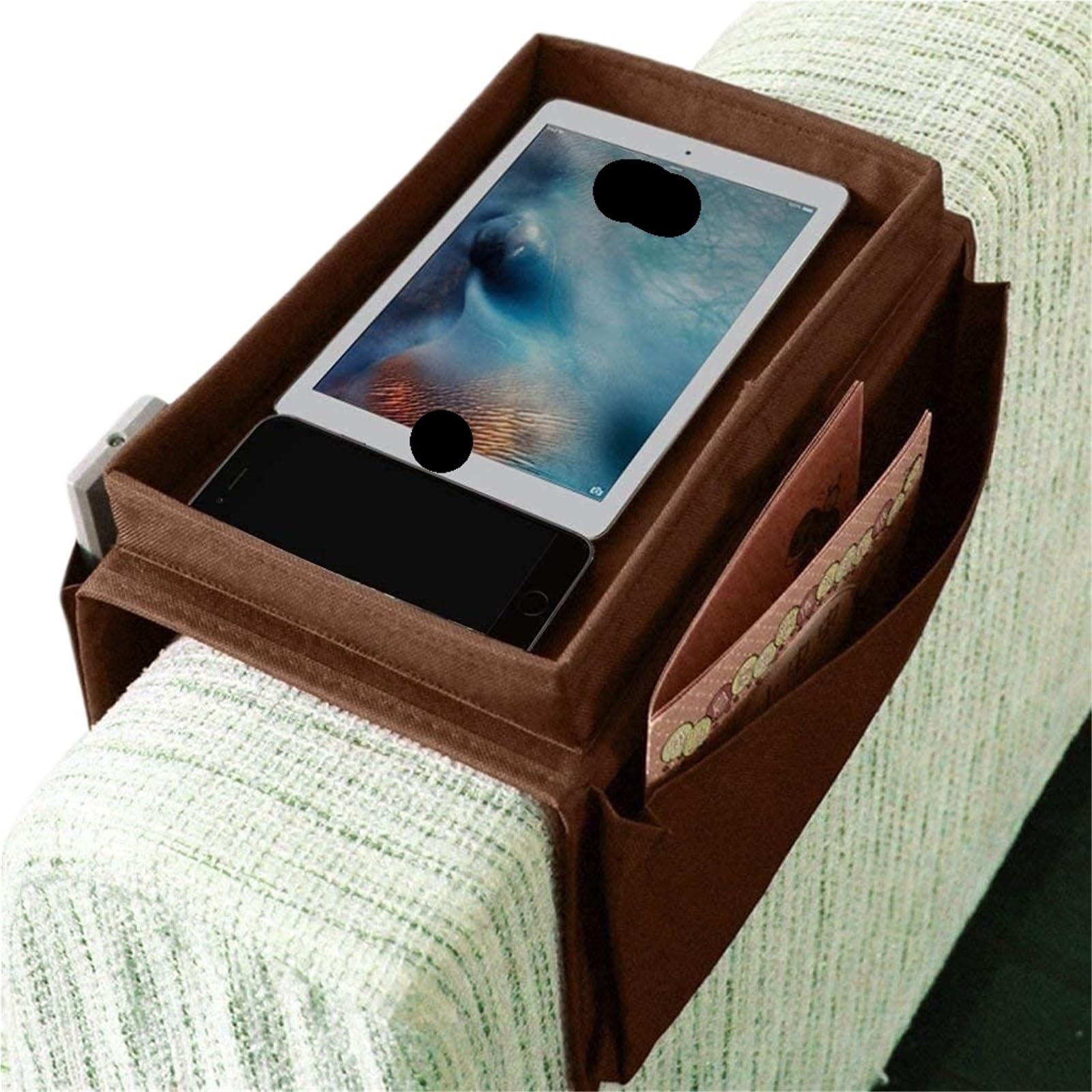 KiddiBubzi Sofa Armrest Organiser Arm Chair Caddy Bedside Storage Pocket With 6 Pockets TV Remote Holder Bed Bag Side(Brown)