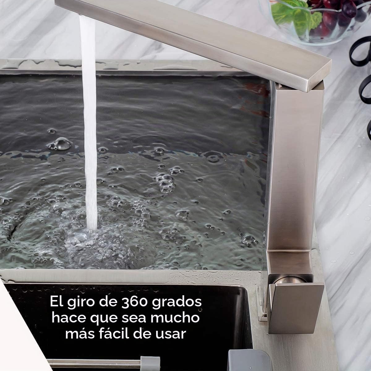 Grifo de Cocina Moderno de Acero Inoxidable, Caño Alto Giratorio 360°, Grifo Monomando para Fregadero sin Plomo, Menor Consumo, Mangueras Internas Flexibles y Antitorsión (Browne, Silver)