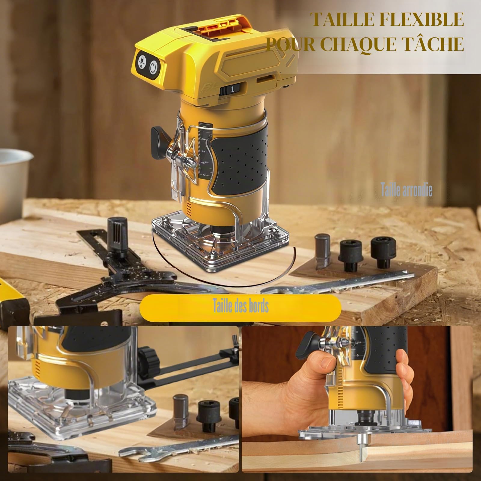 WingFly Affleureuse Défonceuse, Affleureuse Sans Fil pour Dewalt 18 V Batteries, Brushless Affleureuse Paume Compacte Pour Travail du Bois, avec 15 Fraises à Défoncer