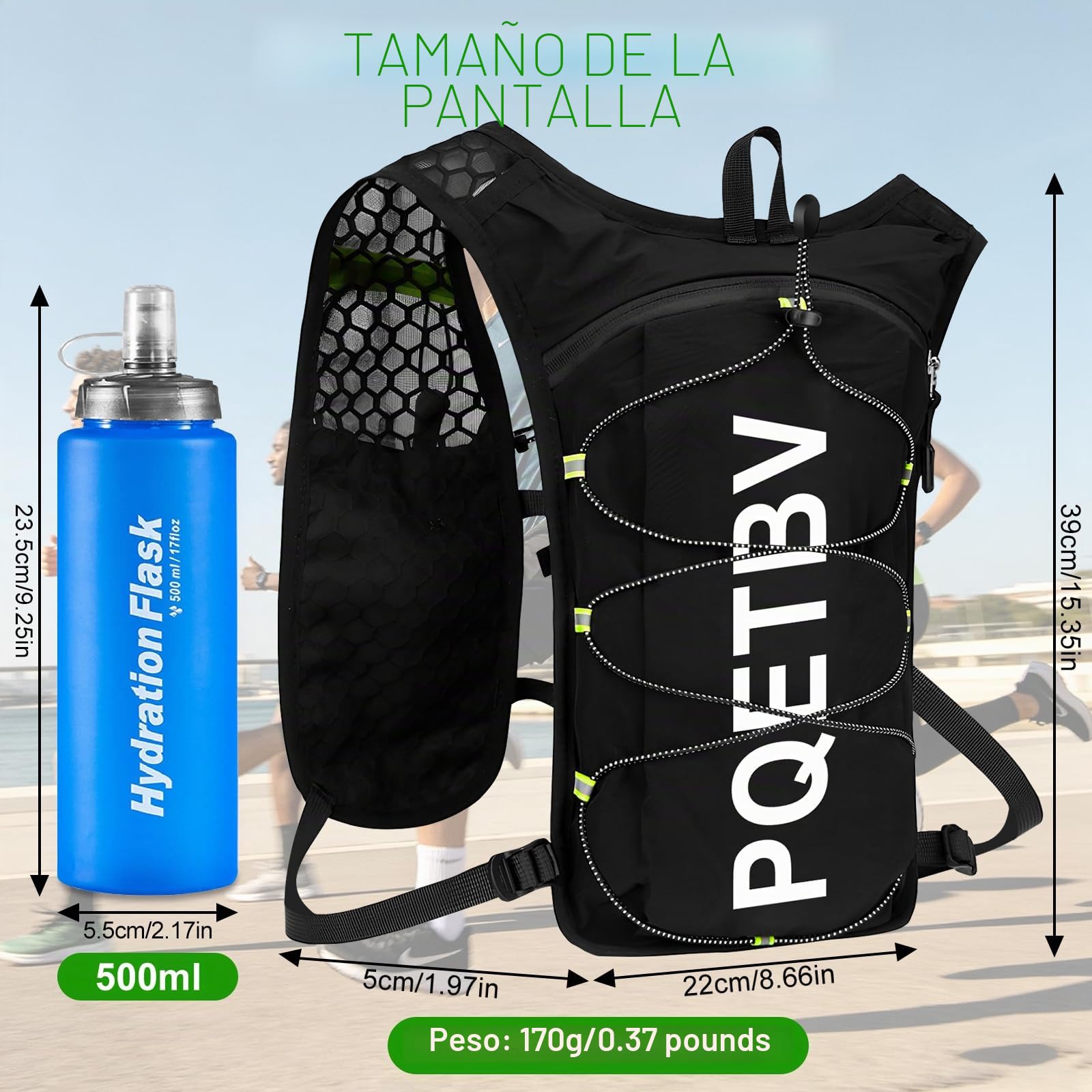 Chaleco para Correr, Mochilas de Hidratación Ligera y Transpirable con Bolsa 500ml, Chaleco Running Mujer Hombre con Tira Reflectante y Ajustable para Correr Trail Marathoner