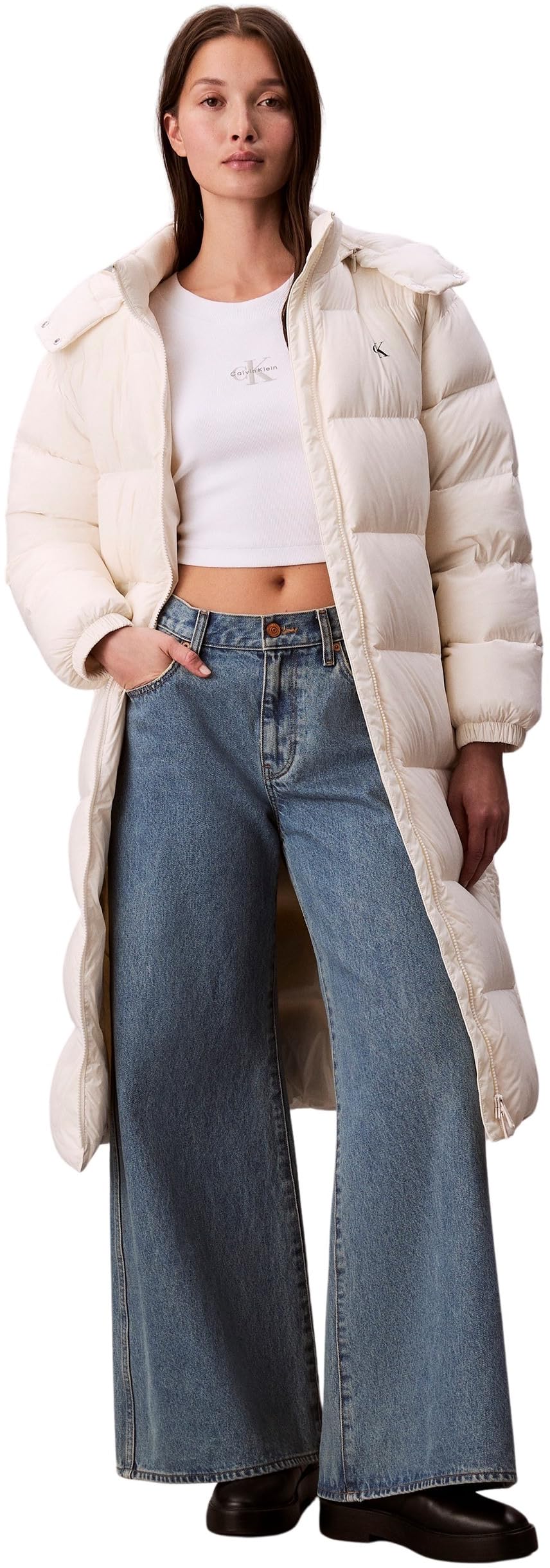 Calvin Klein Women’s Essential Mid Weight Long Puffer Jacket with Hood, Off-White (Jet Stream), XS