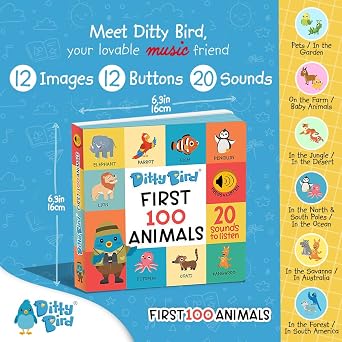 DITTY BIRD Talking Books 100 Animals | 100 Words for Vocabulary & Speech Learning | Sound Books for Toddlers 1-3 | Children's Interactive Toddler Books with Great Pictures | Sturdy Baby Sound Books